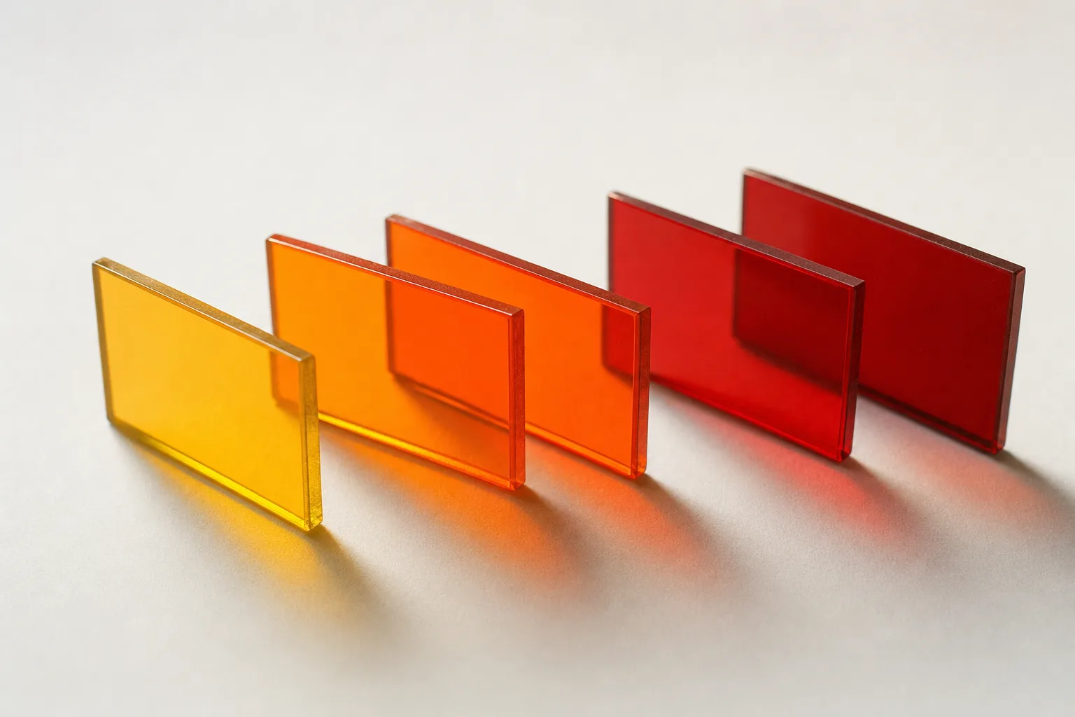 Illustrative close-up of colored glass optical filters laid out on a white surface in soft light
