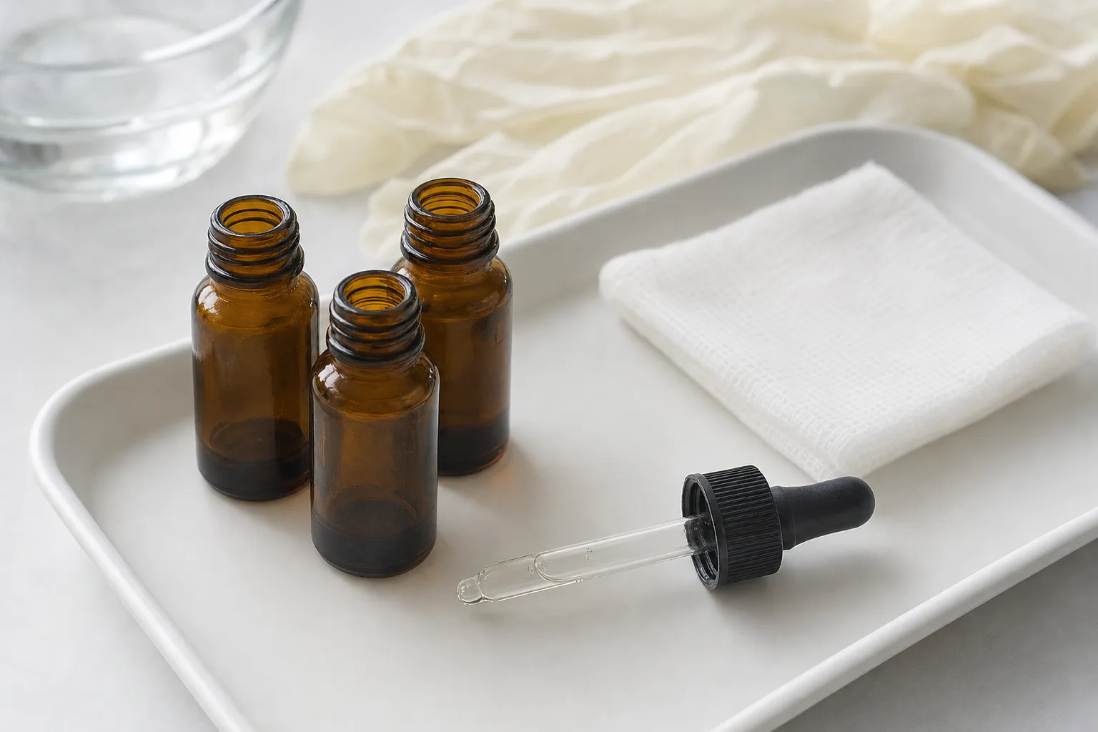Illustrative still life of small amber glass serum vials and a dropper on a white clinical tray