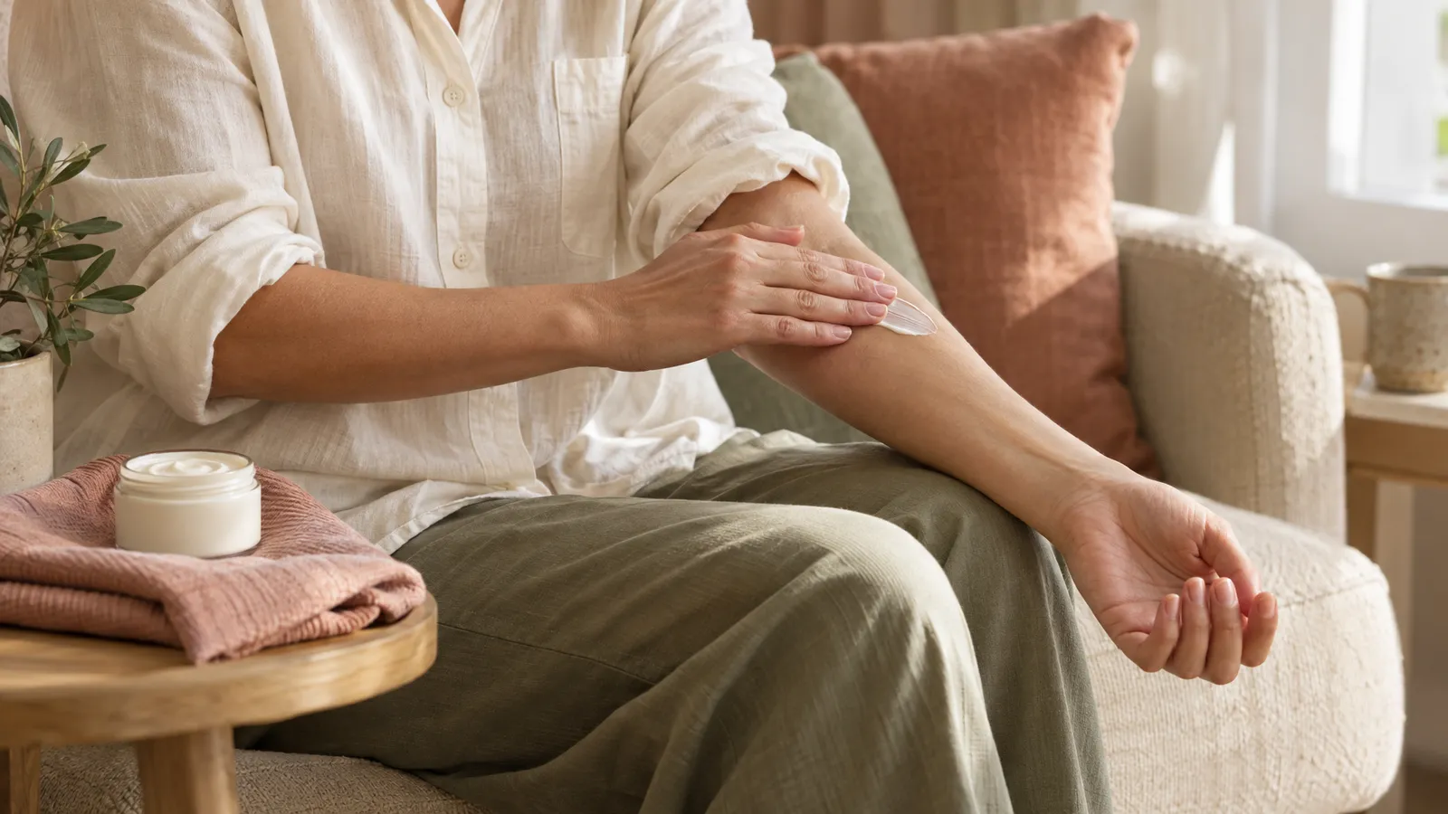 A person seated by a window gently applies moisturizer to their forearm.