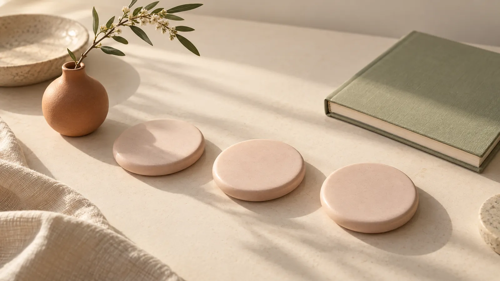 Three pale-blush ceramic discs beside a sage notebook and terracotta vase in soft natural light.