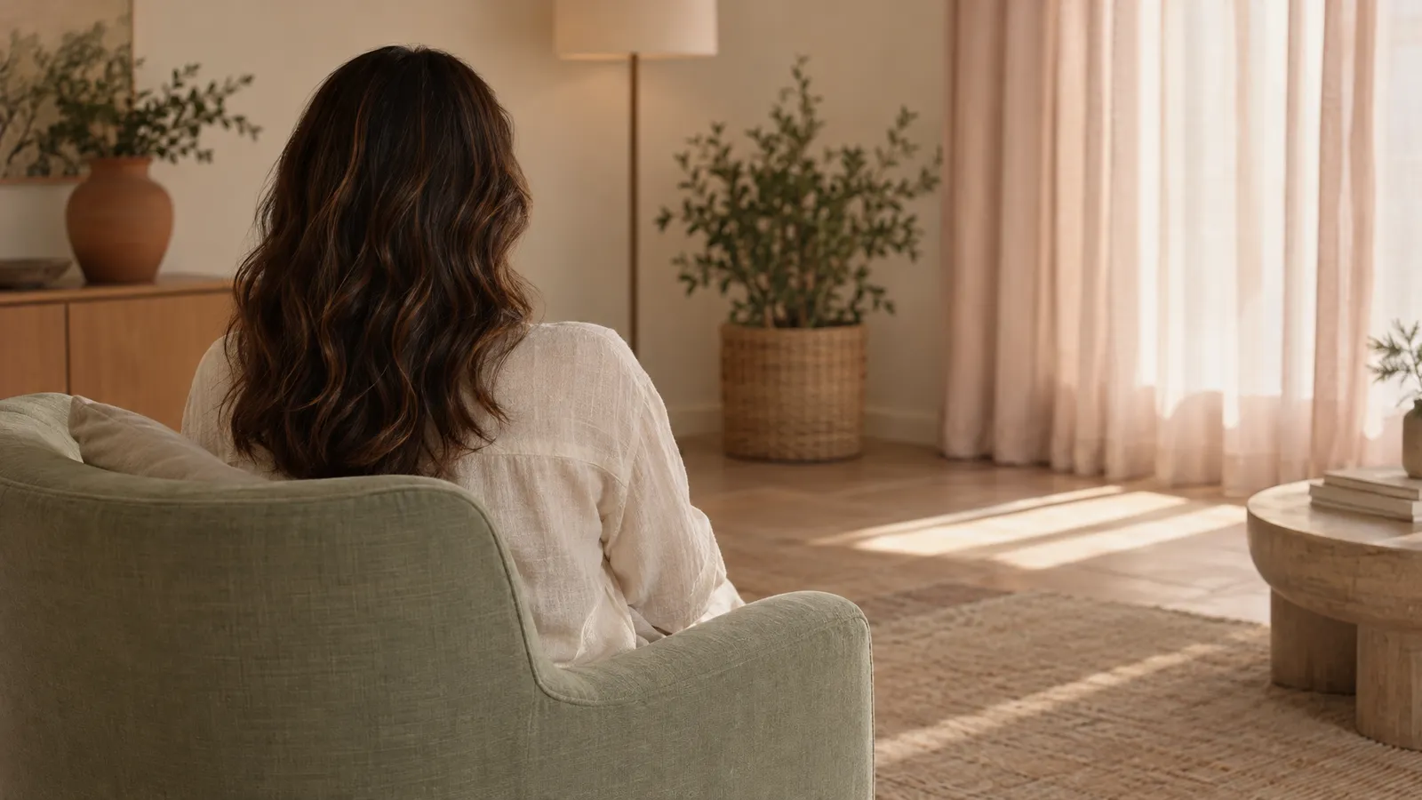 A person sits away from the window in a softly shaded room with pale curtains.