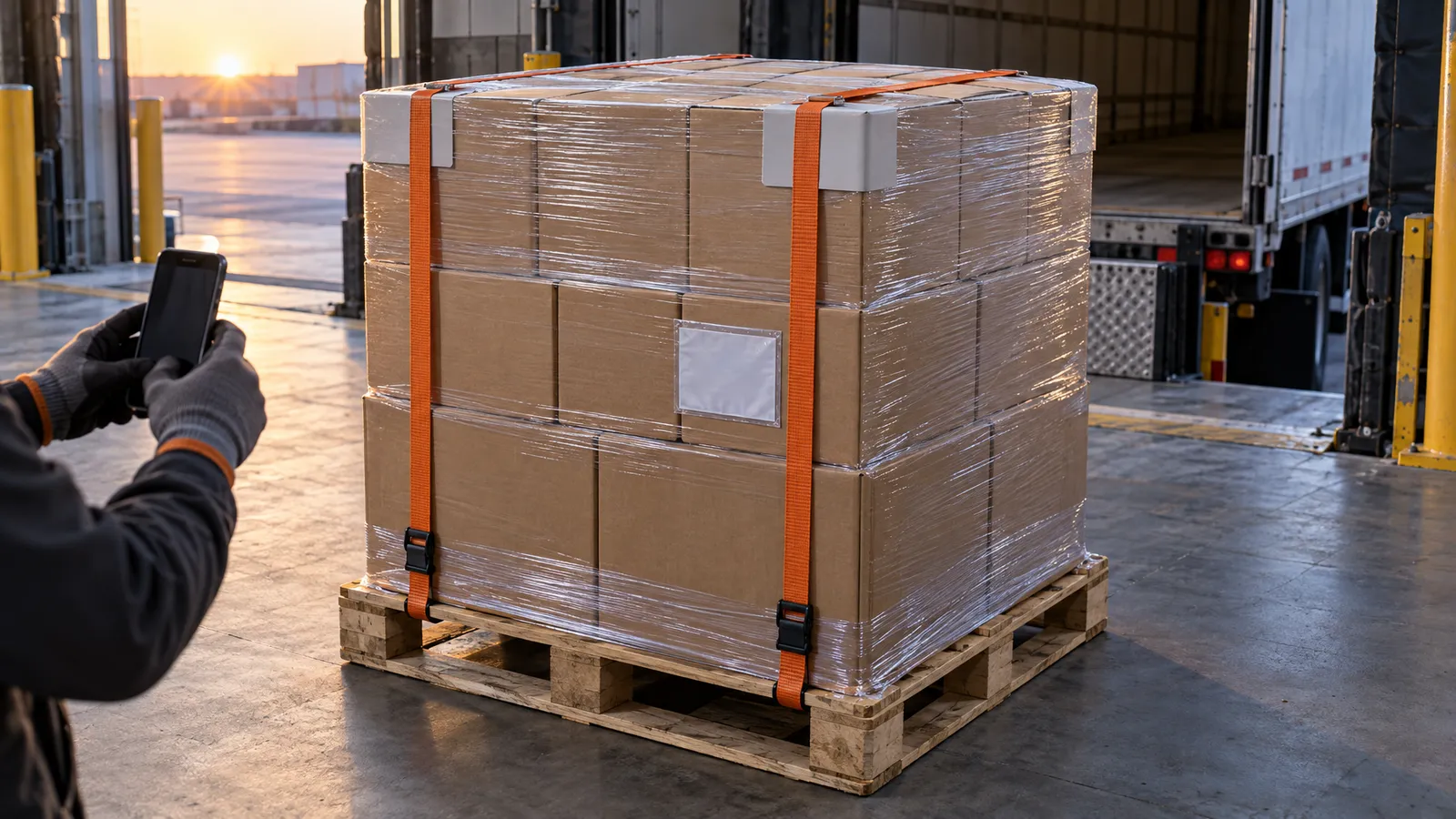 Unas manos con guantes fotografían cajas bien apiladas, envueltas y sujetas con flejes a un palé de madera en un muelle de carga.