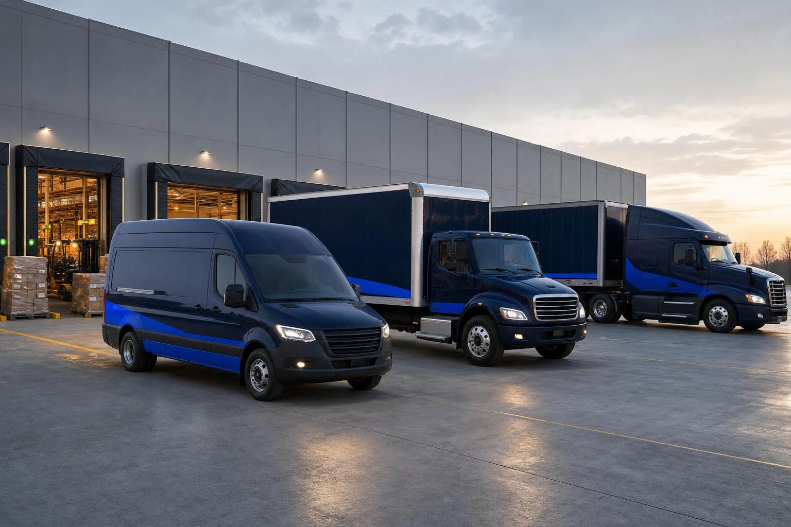 DirectXpress fleet — cargo van, 26 ft box truck and 53 ft semi truck at a distribution center loading dock at dawn