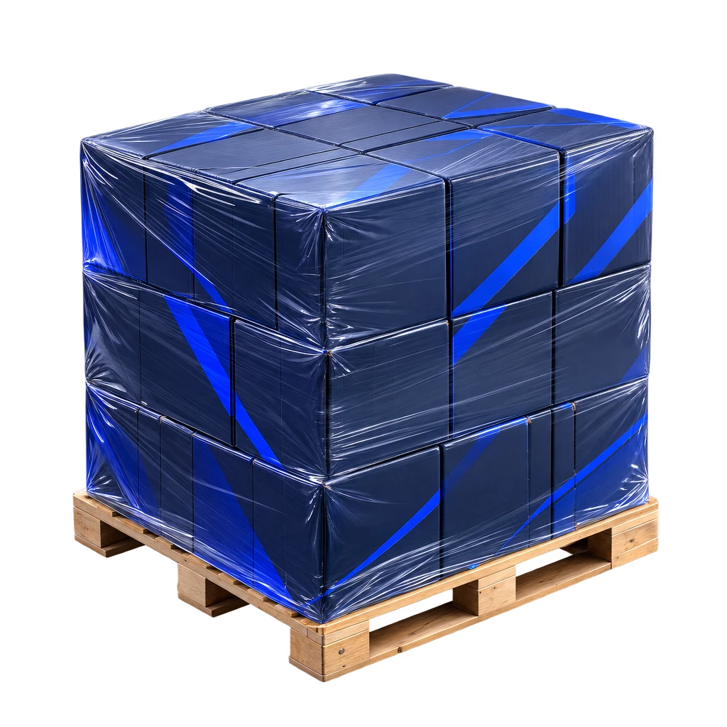 Standard 48x40 pallet loaded, wrapped, and ready for freight