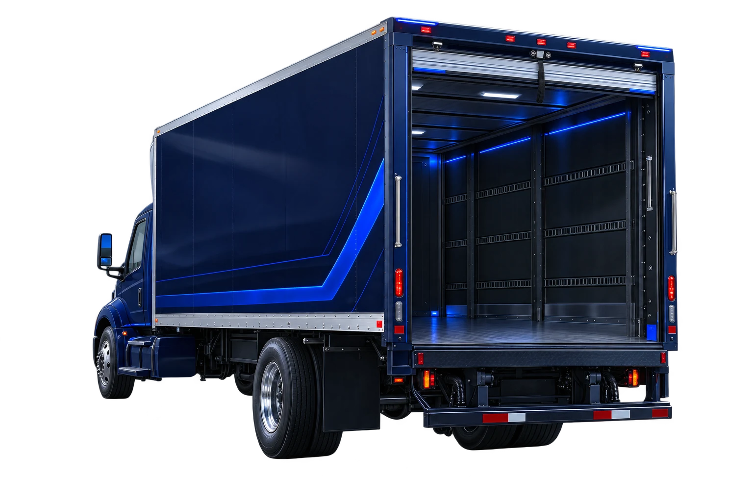 Box truck with liftgate lowered for a street-level heavy delivery