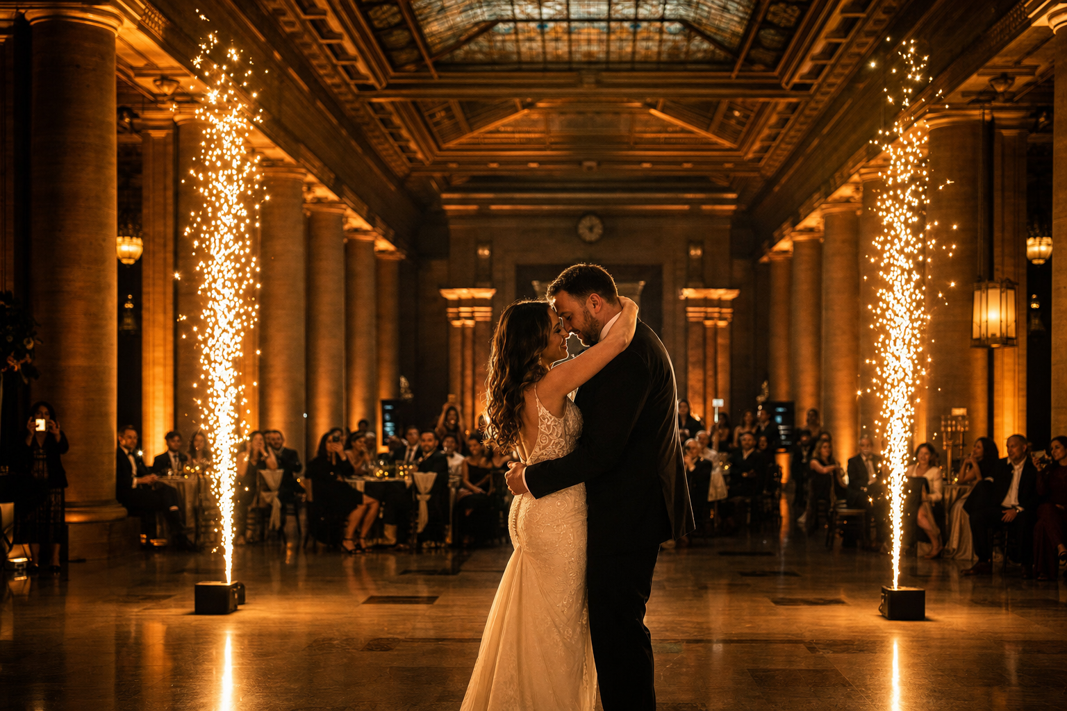 Cold spark fountain framing a couple's first dance under warm dome architecture, photographic mood with blurred guests
