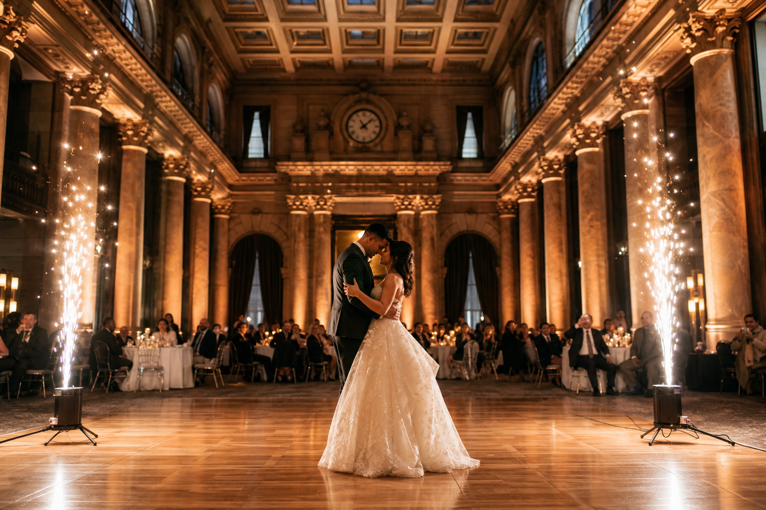Cold spark first dance moment in a historic banking hall venue with high coffered ceilings and warm uplighting