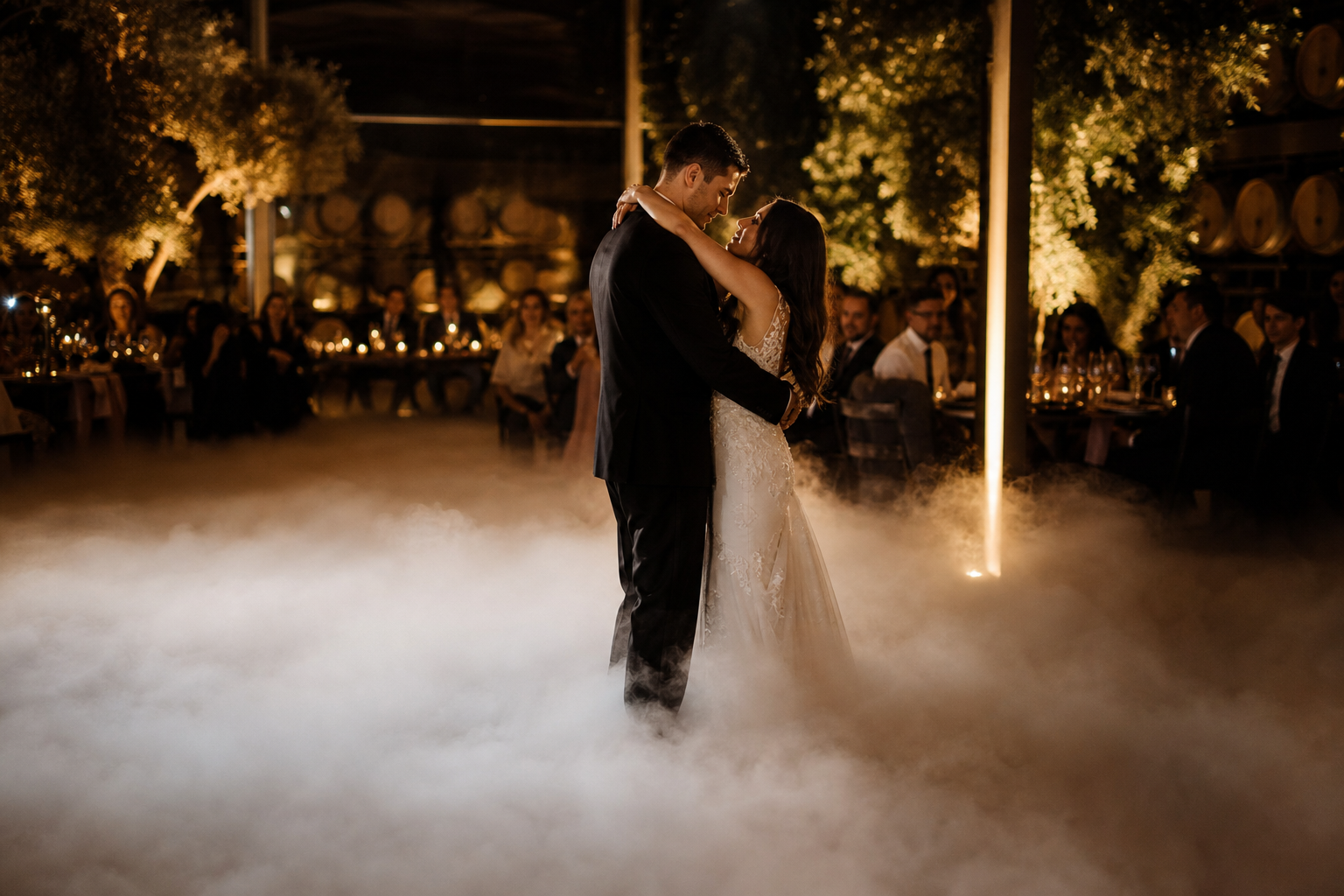 First dance on dry ice fog cloud, low-lying mist hugging the dance floor under romantic <a href=