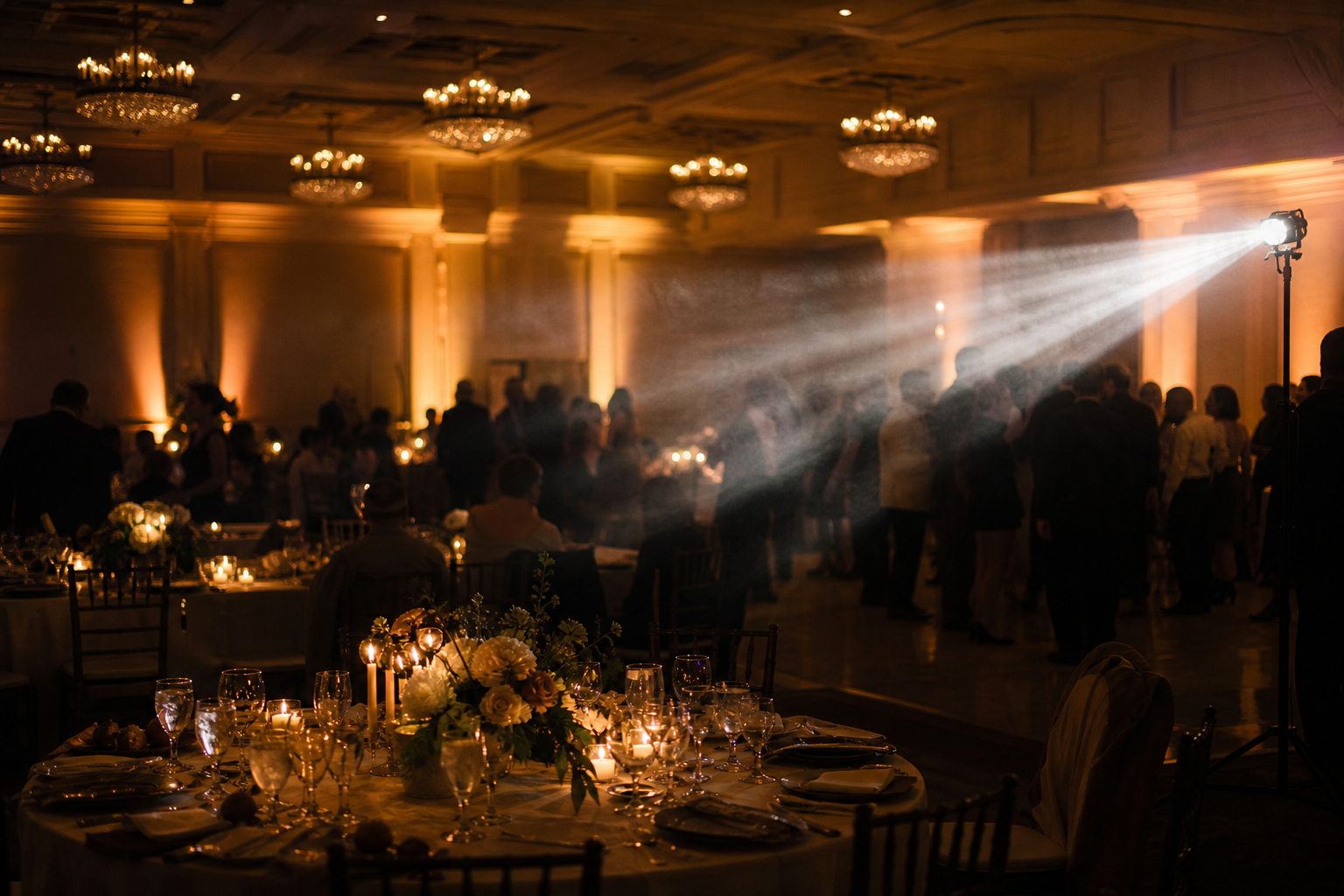 Bay Area hotel ballroom wedding reception with subtle haze visible in beam light over the dance floor, golden <a href=