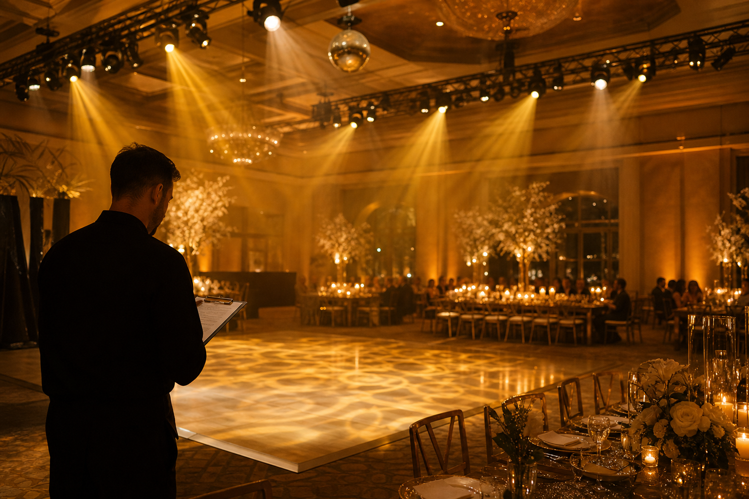 Hotel ballroom set for a wedding reception, lighting tech checking equipment near the dance floor with subtle haze visible in the room