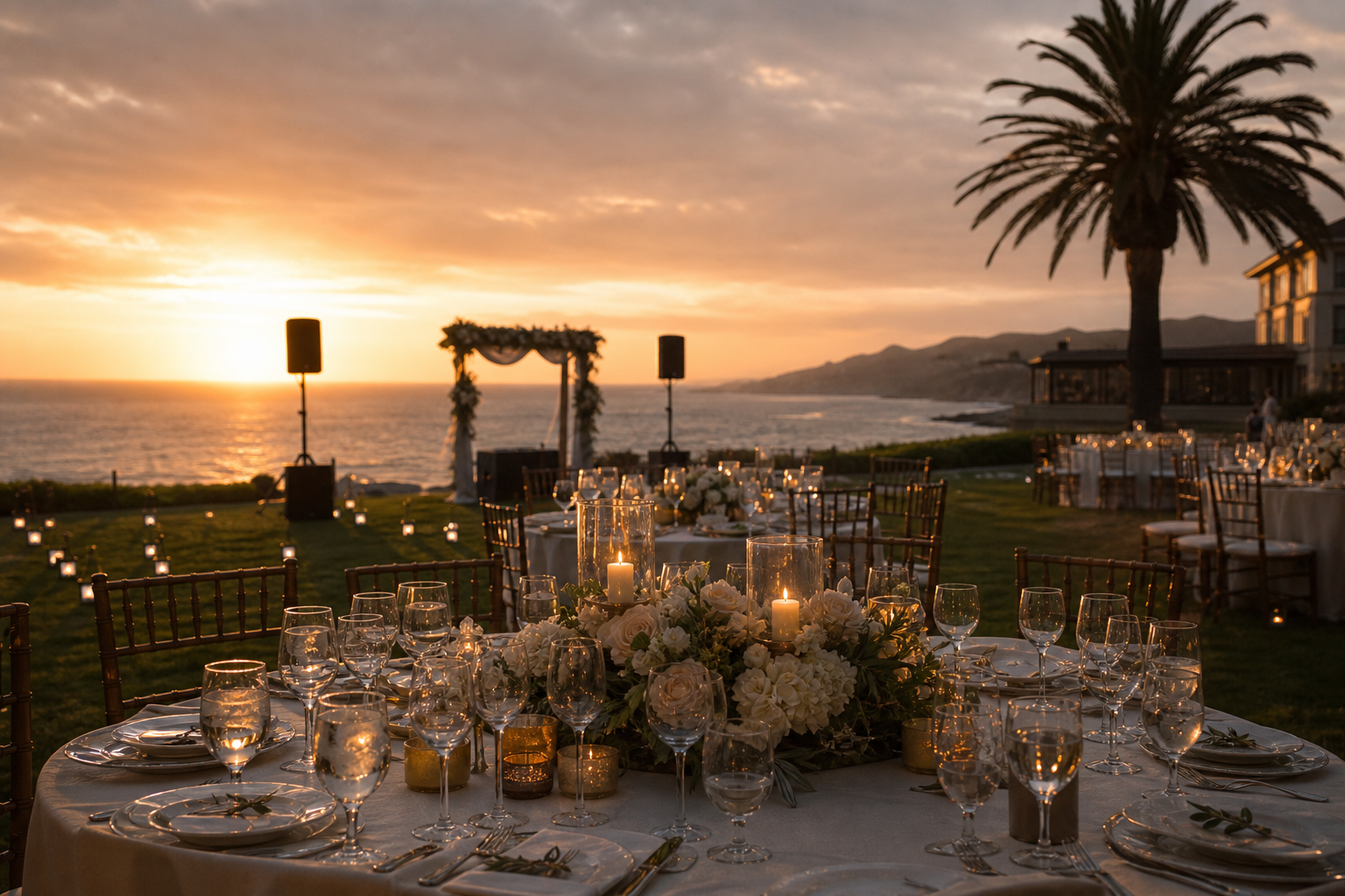 Half Moon Bay coastal wedding reception on the Ritz-Carlton ocean lawn at sunset with golden light through marine layer