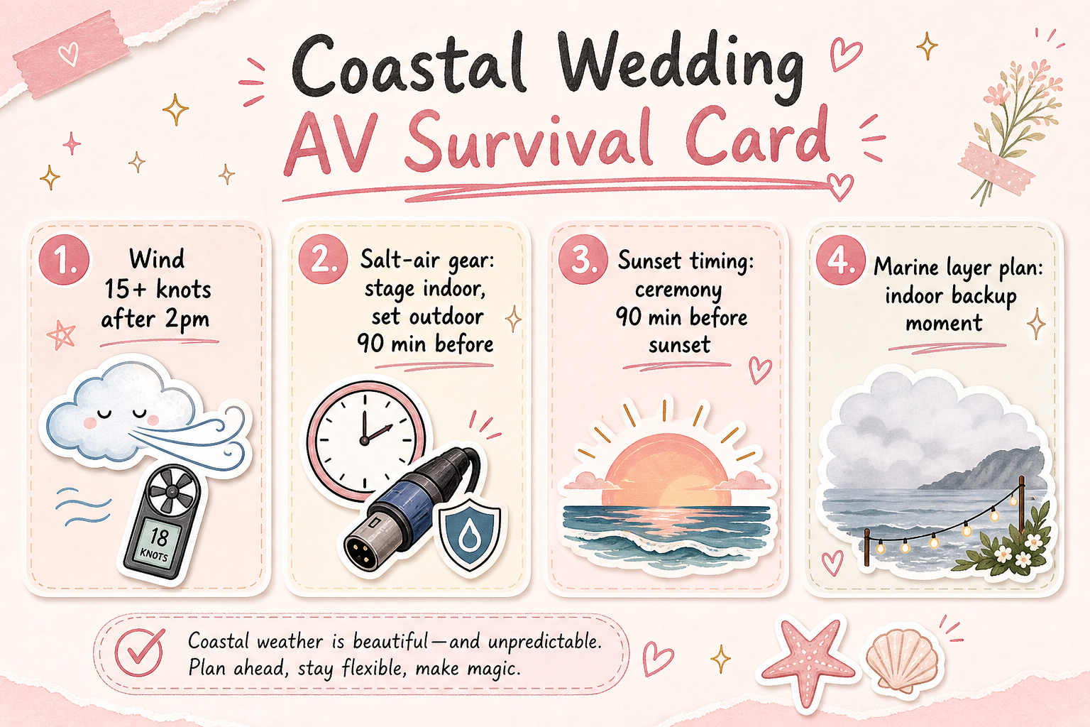 Pastel pink and cream Coastal Wedding AV Survival Card infographic with sticker icons for wind, salt-air gear, sunset timing, and marine layer plan