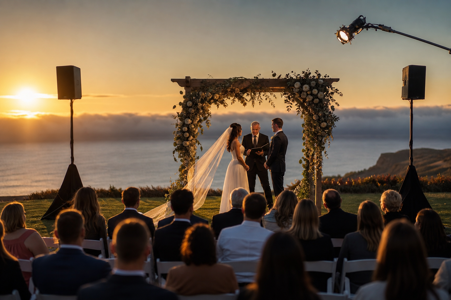 Outdoor coastal wedding ceremony at sunset on a bluff lawn with point-source speakers on weighted stands and warm Fresnel key light on the officiant