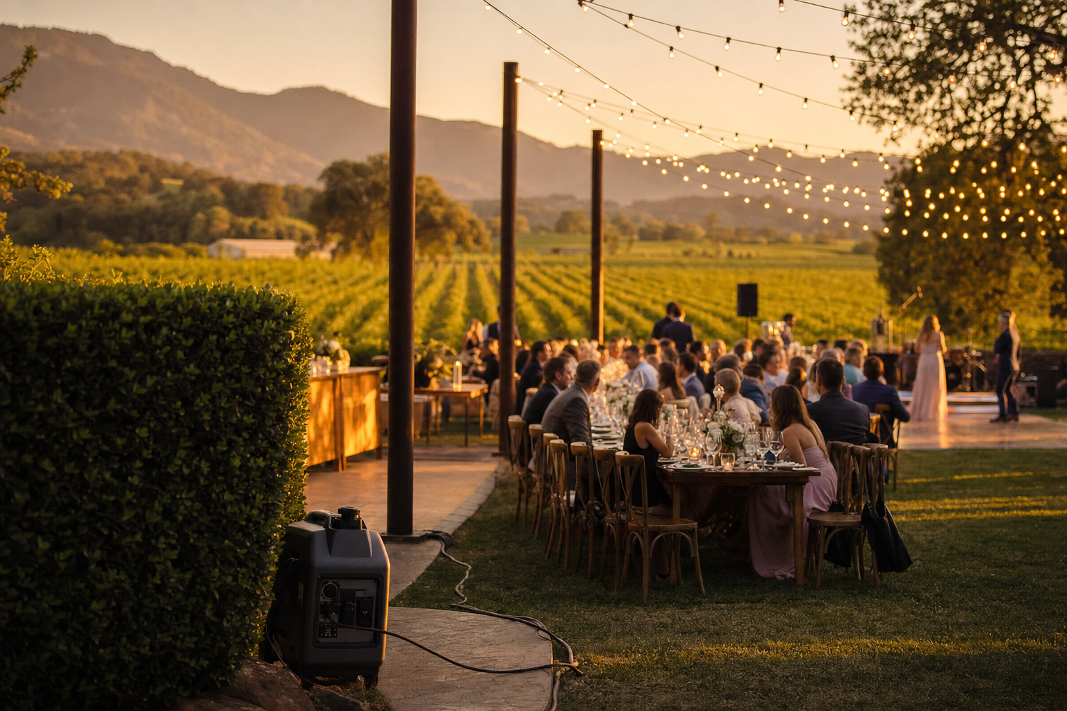 Napa Valley vineyard wedding reception at golden hour with banquet tables under string lights and mountains in the background