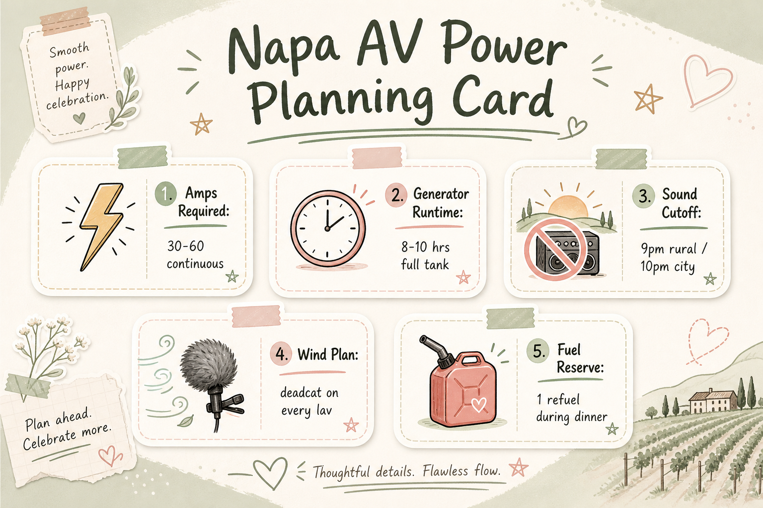 Sage and cream pastel infographic card titled Napa AV Power Planning with sticker icons for amps, generator runtime, sound cutoff, wind plan, and fuel reserve