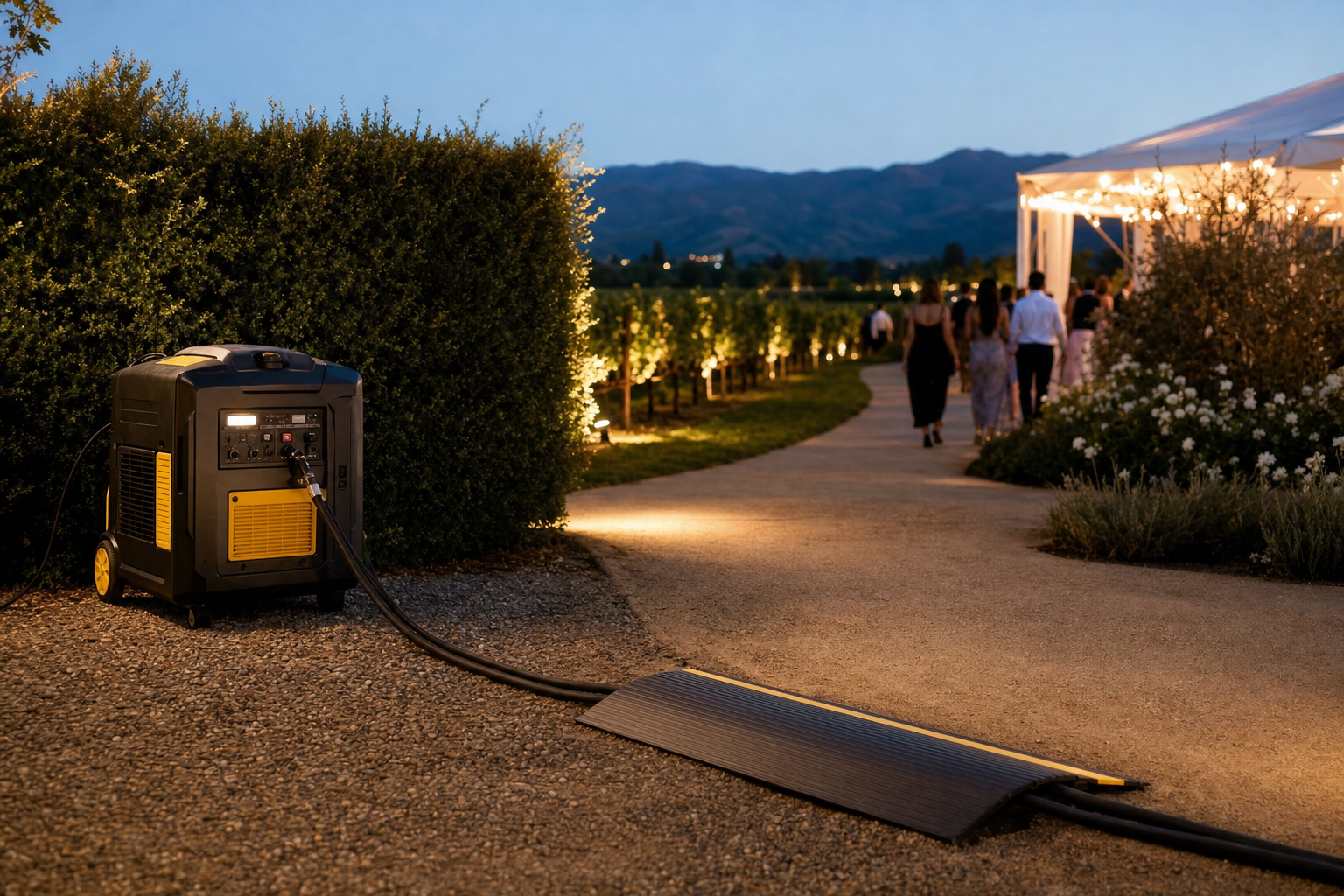Quiet inverter generator placed behind a hedge with cable runs going under a rubber ramp toward a vineyard reception tent