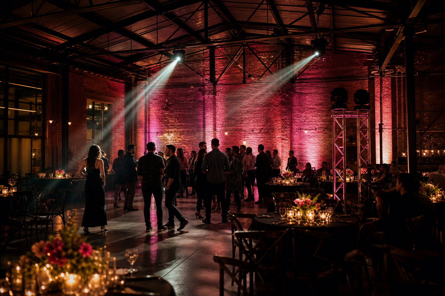 Wide view of an Oakland warehouse loft with deep magenta uplighting on brick, beam shafts cutting through haze above the dance floor at evening