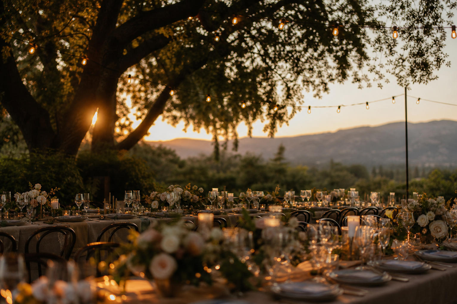 Saratoga private estate backyard wedding reception in an oak grove with string lights at sunset