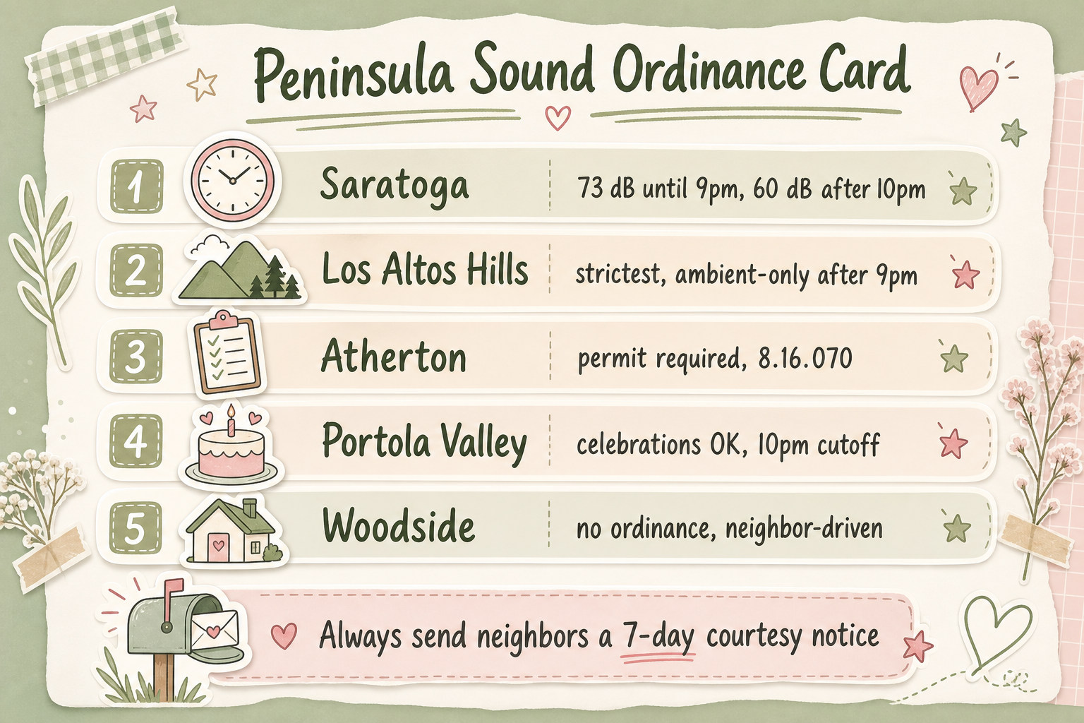 Pastel infographic card titled Peninsula Sound Ordinance Card with city-by-city cutoff times and dB caps for Saratoga, Los Altos Hills, Atherton, Portola Valley, and Woodside