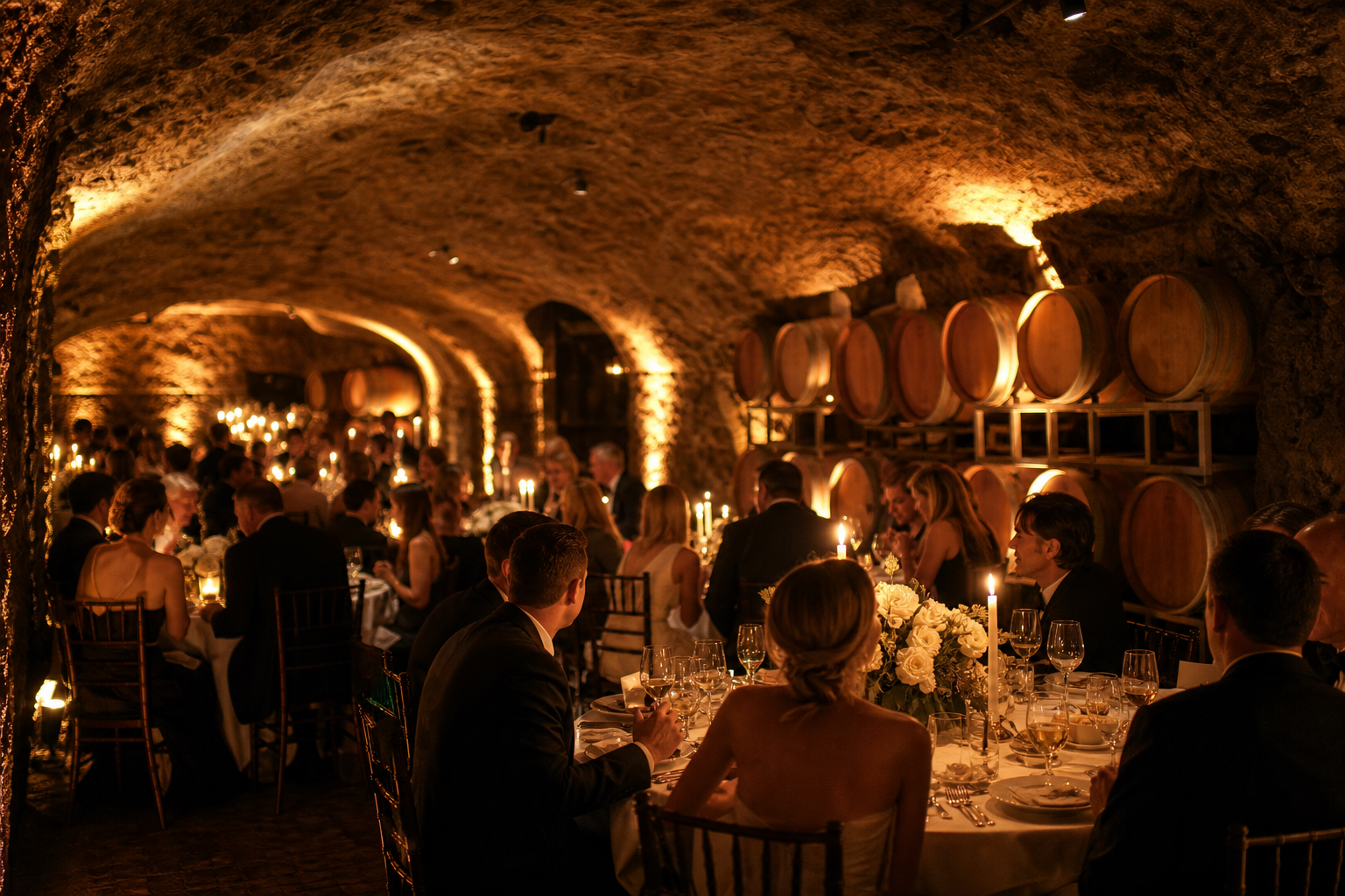 Wine cave wedding reception with warm amber uplighting on stone walls, low-ceiling intimate atmosphere, candle-lit round tables and barrels visible in background