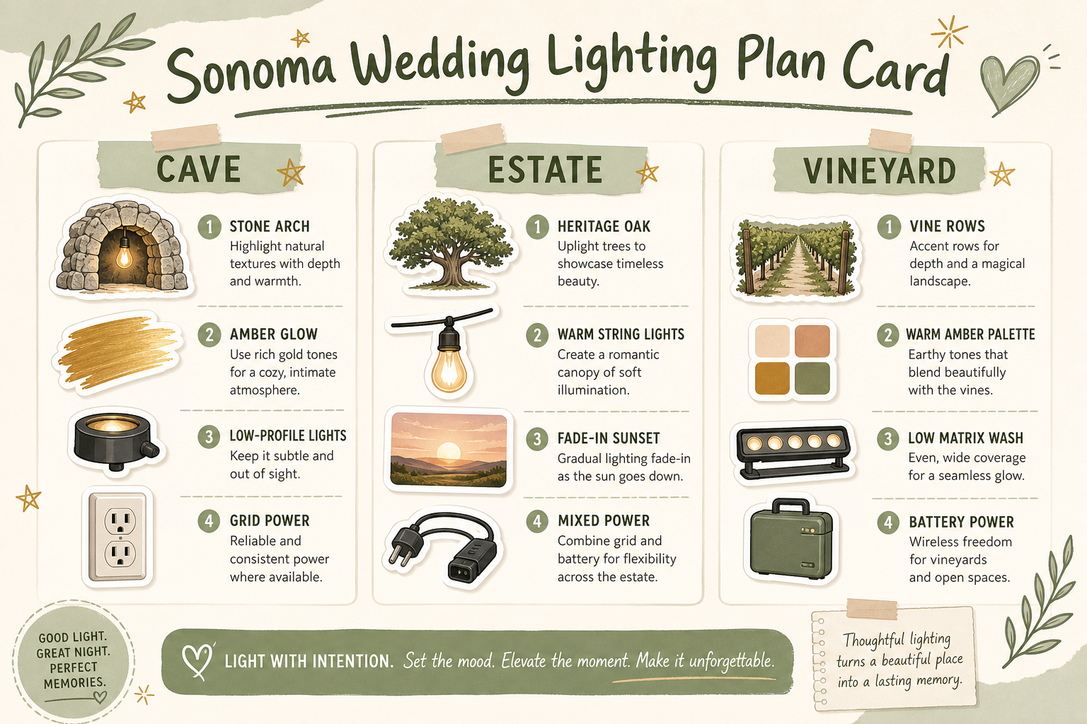 Sage and cream pastel infographic card titled Sonoma Wedding Lighting Plan Card showing three archetypes cave estate vineyard with sticker icons for color palette fixture type and power source