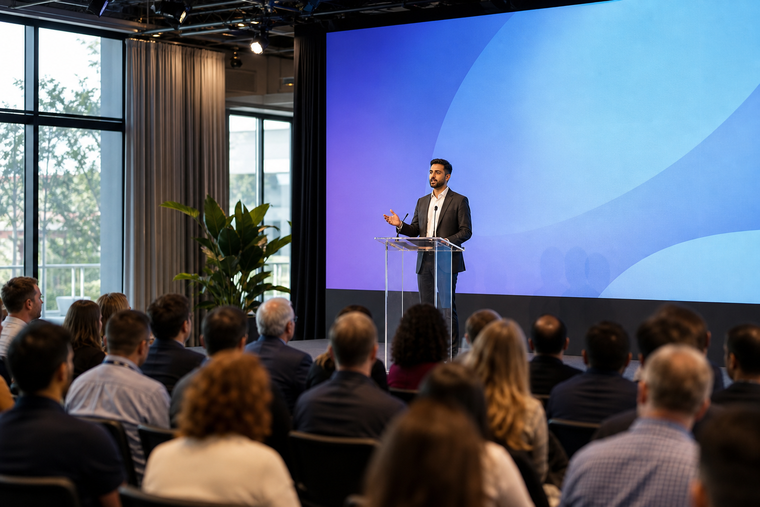 South Bay tech conference keynote stage with large <a href=