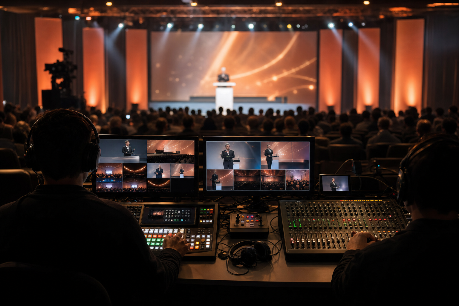 Tech crew in headsets at a multi-camera switcher and audio console at the back of a corporate keynote venue with the stage and LED wall visible in the distance