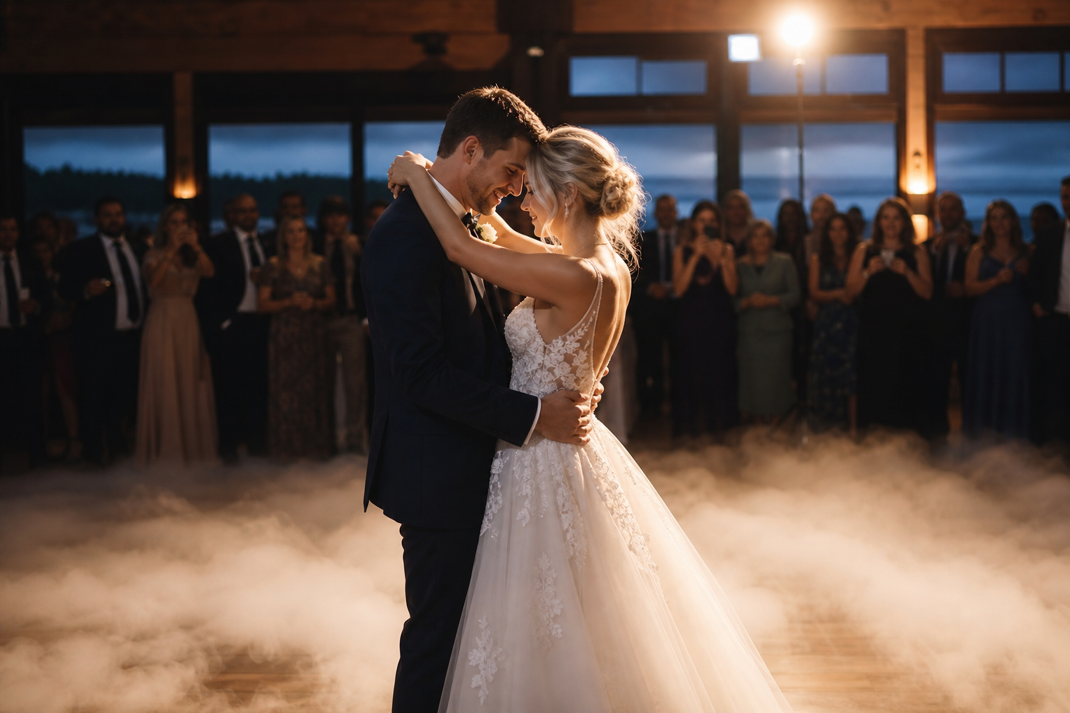 Couple sharing a first dance on a fog-covered floor with warm spotlight