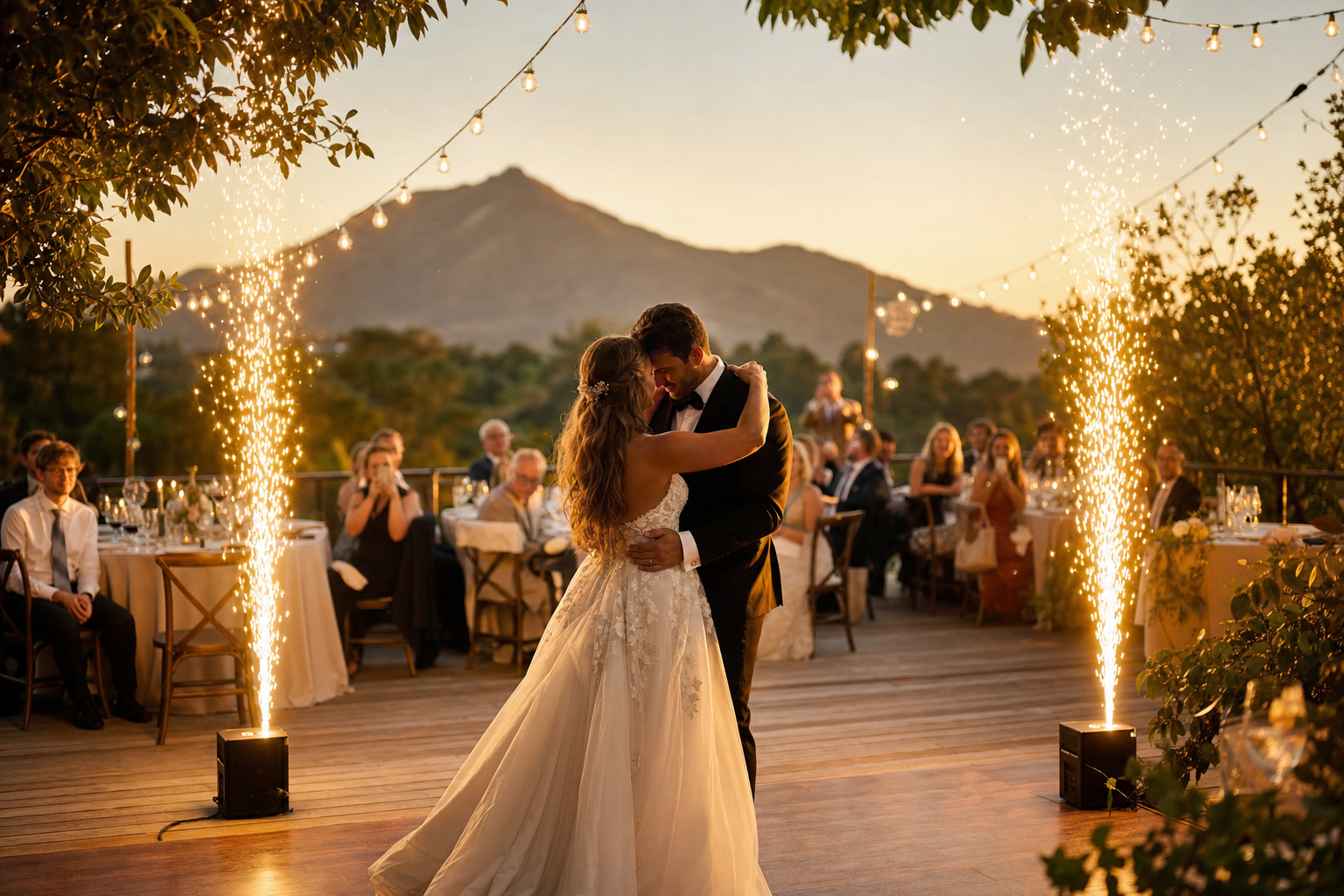 Cold spark fountain at a Marin wedding reception with golden hour light and Mt. Tam silhouette in the background