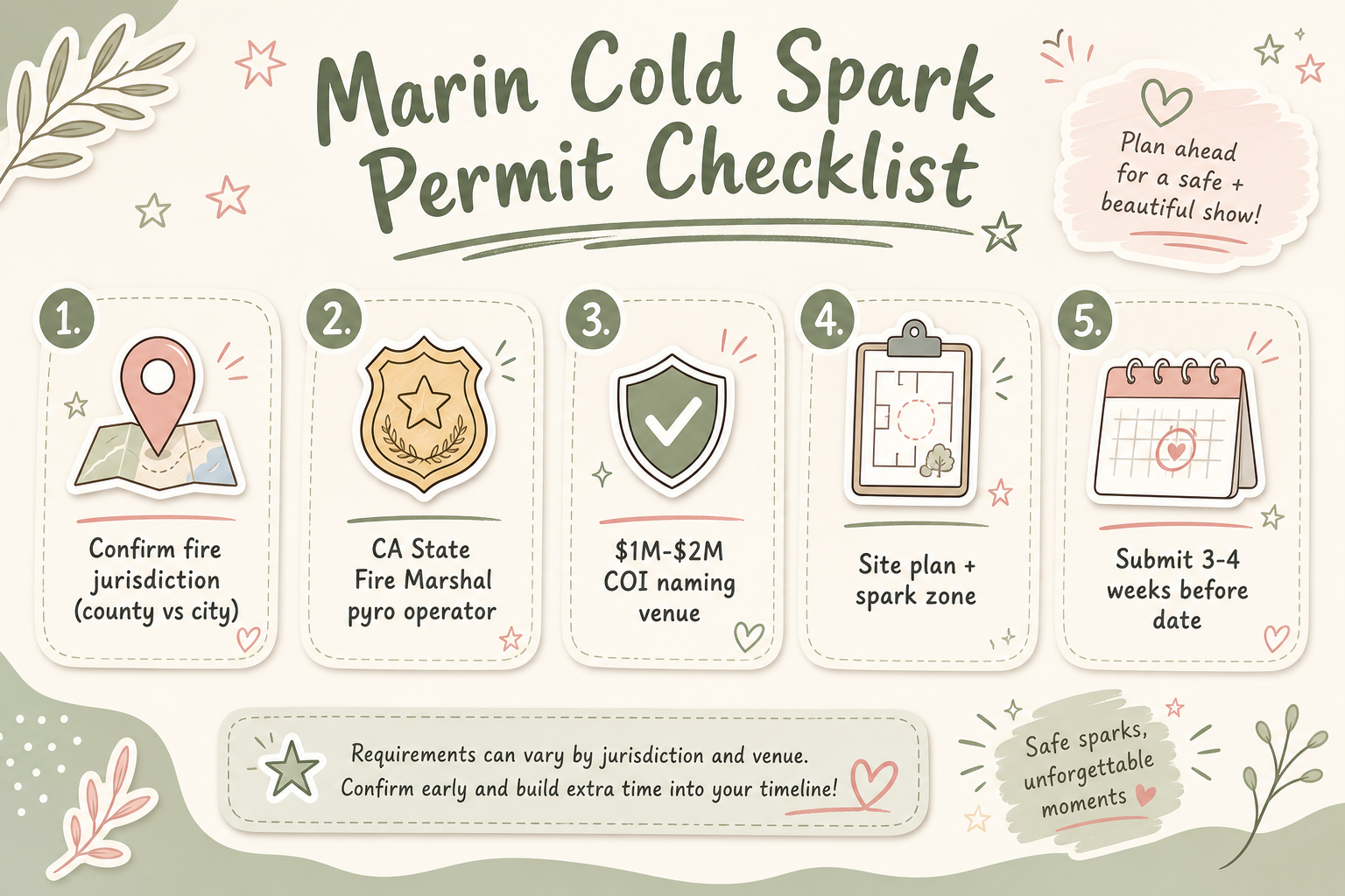 Timeline diagram showing Marin cold spark permit review from 4 weeks pre-wedding through day-of inspection