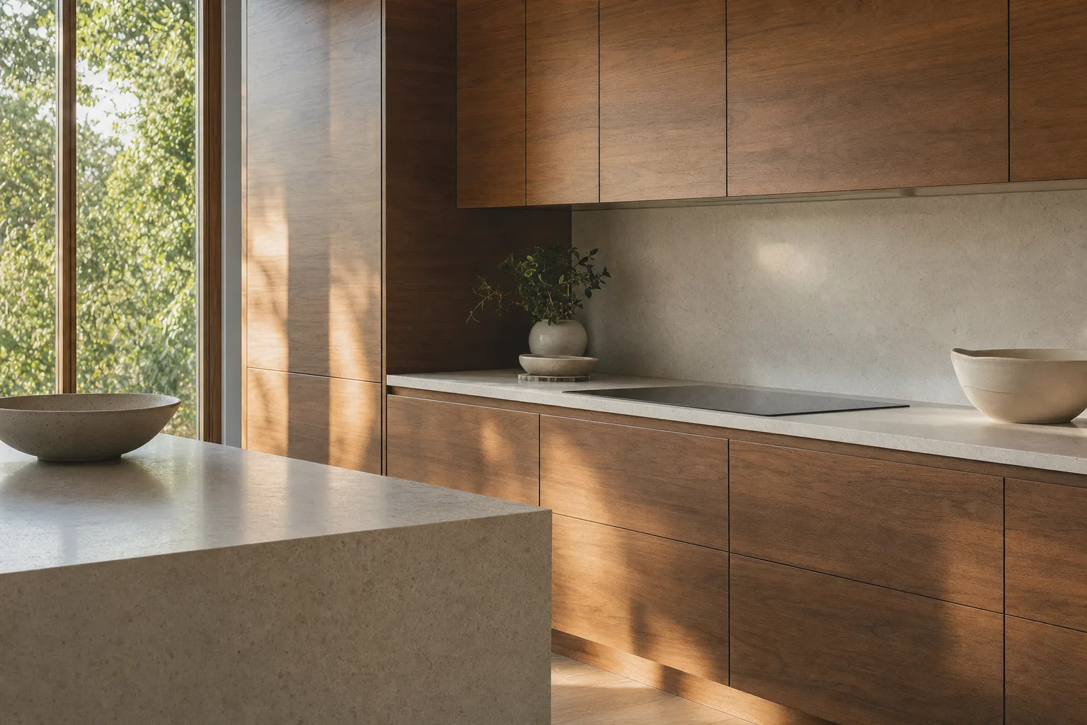 Modern kitchen with flat-panel, handle-free frameless cabinets in a warm wood tone and a pale stone counter