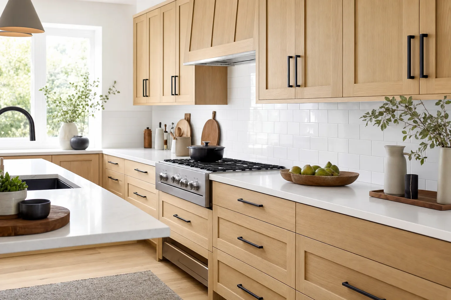 Modern kitchen with slim shaker cabinet doors in a light oak finish and matte black pulls