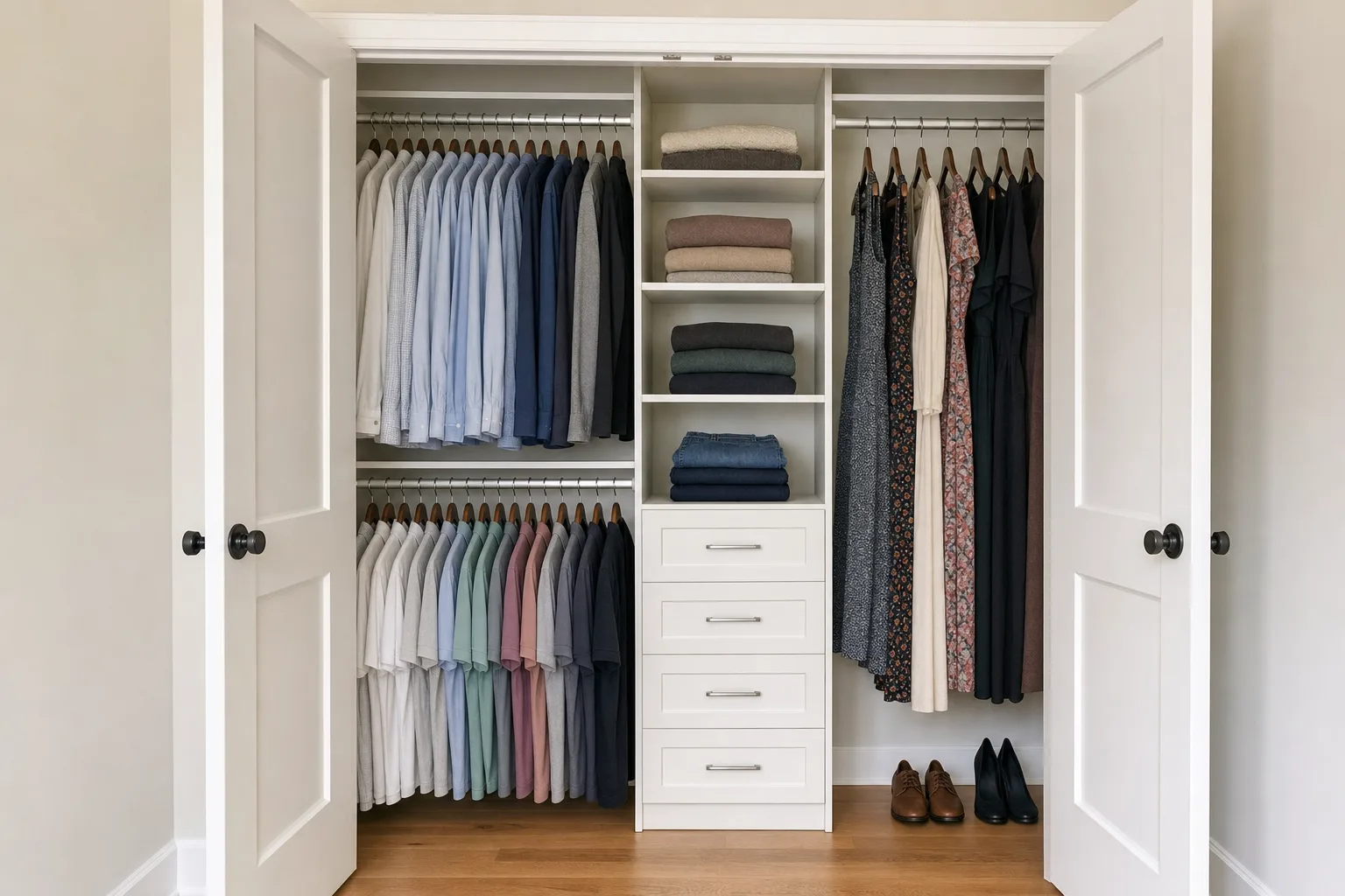 Reach-in closet fitted with double-hang rods, open shelving, and a drawer stack