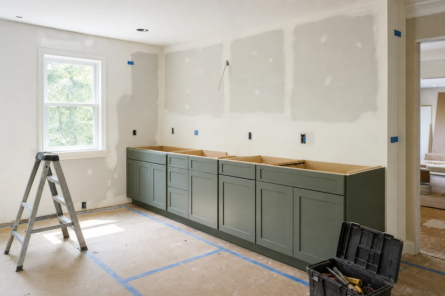 Illustrative kitchen mid-remodel with new base cabinets set and countertops not yet installed