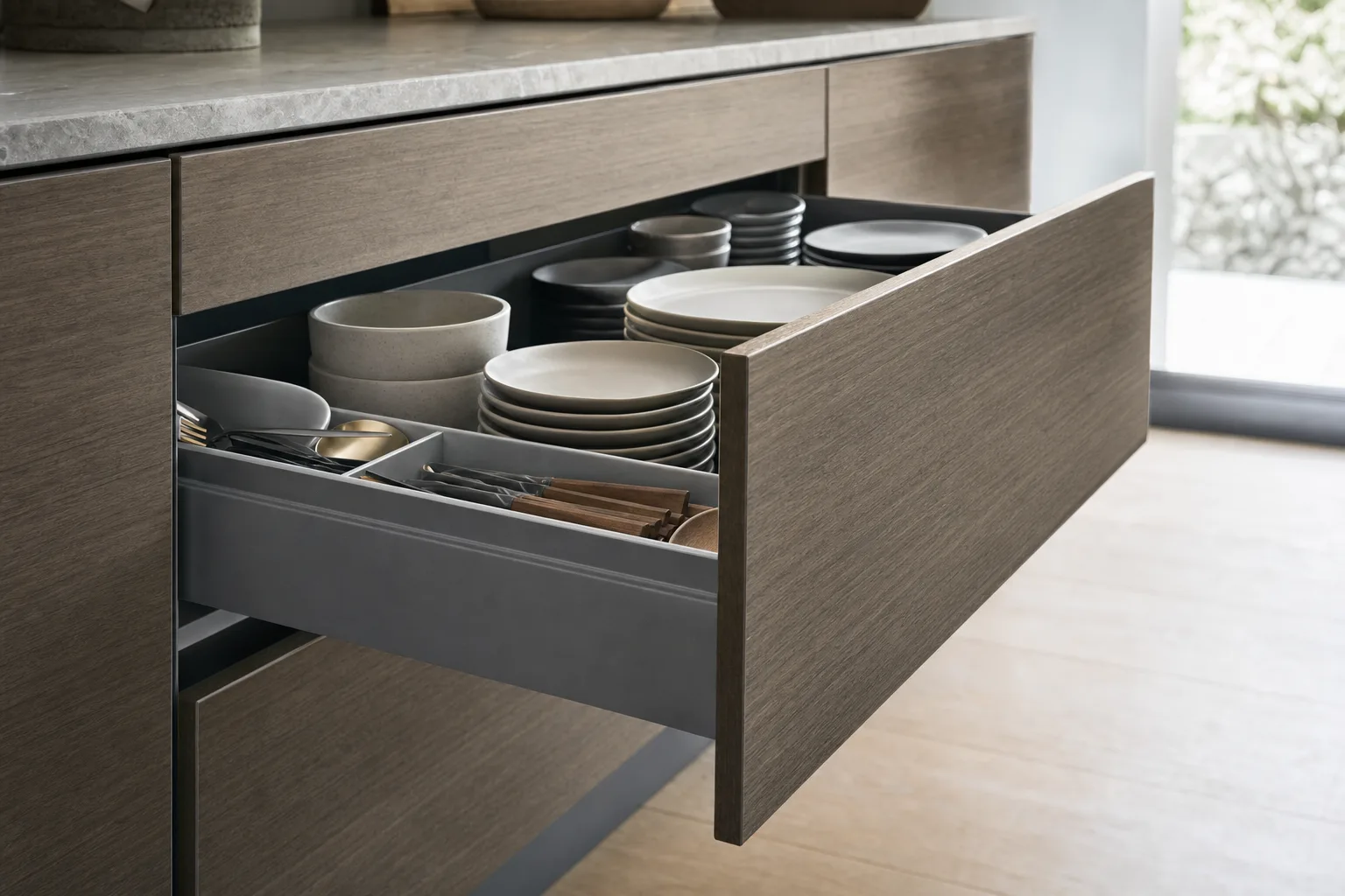 Open frameless kitchen drawer showing slim metal drawer sides and a full-width interior, with wood-grain drawer fronts