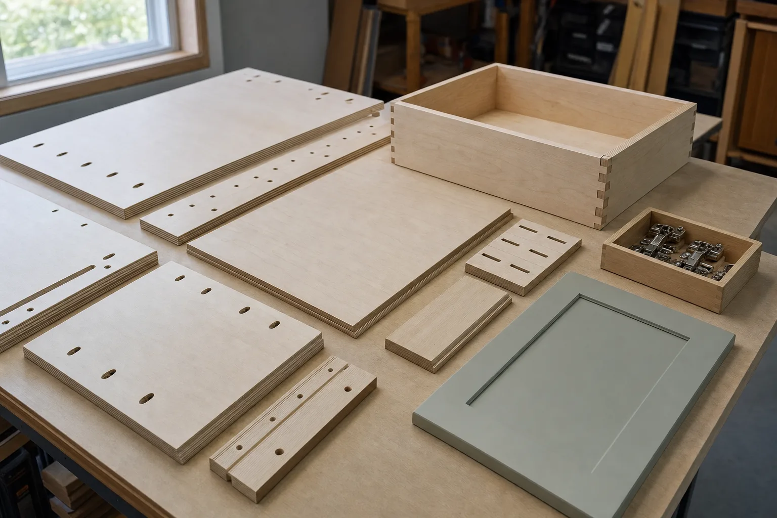 Unassembled kitchen cabinet parts laid out on a workshop table: plywood side panels, a shaker door and a dovetailed drawer box