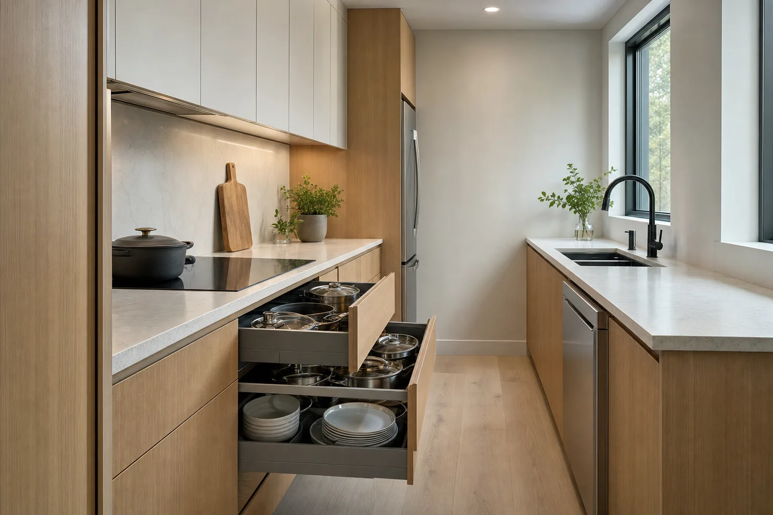 Compact galley kitchen with a stack of deep base drawers pulled open to show pots and dishes