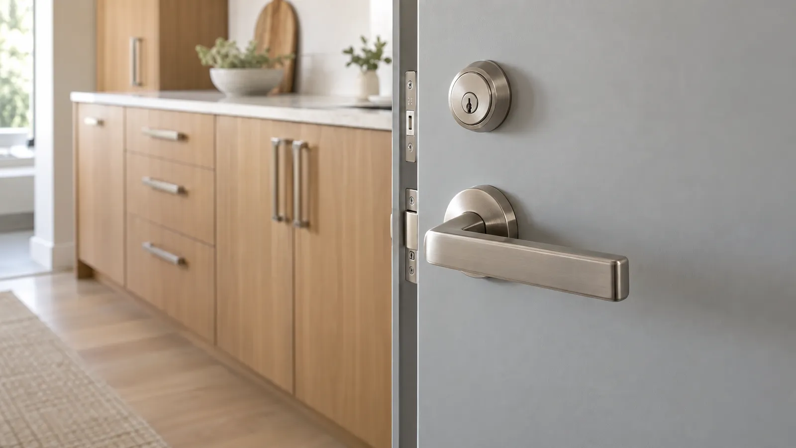 A satin-nickel lever on a pale-grey steel entry door echoes the pulls on nearby oak kitchen cabinets.