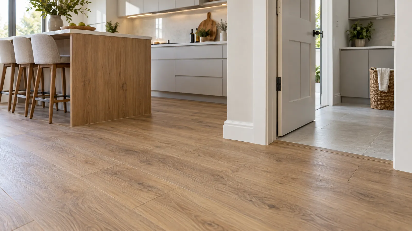 Matte wood-look vinyl flooring meets a tiled doorway beside flat-panel kitchen cabinets and an island.