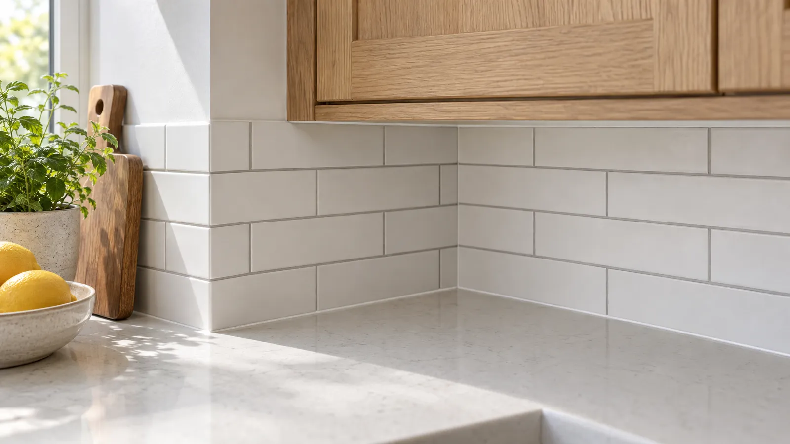 Close-up of white running-bond backsplash tiles with grey grout beneath oak Shaker cabinets.