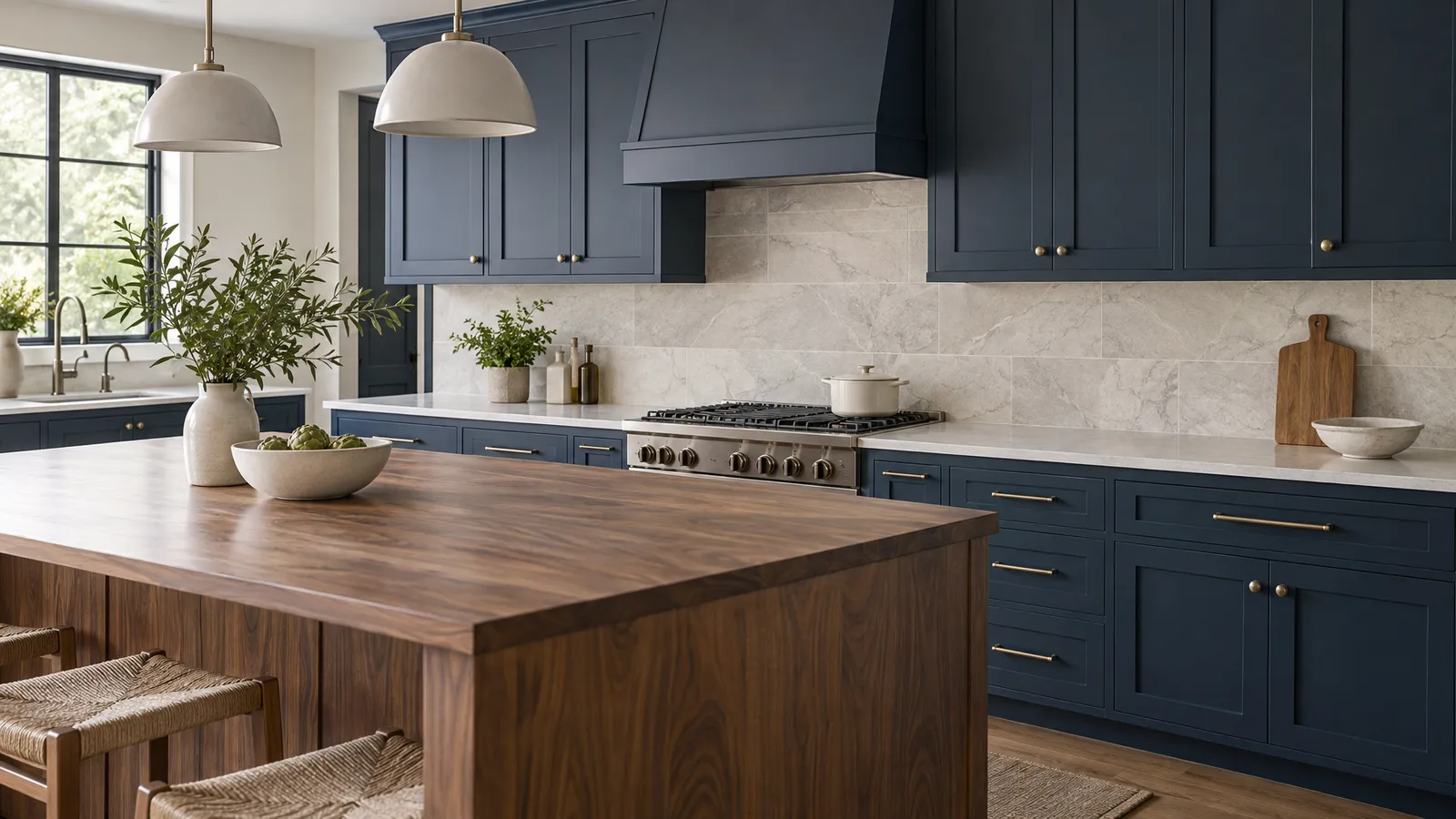 Light stone-tile backsplash contrasts with navy kitchen cabinets and a warm walnut island.