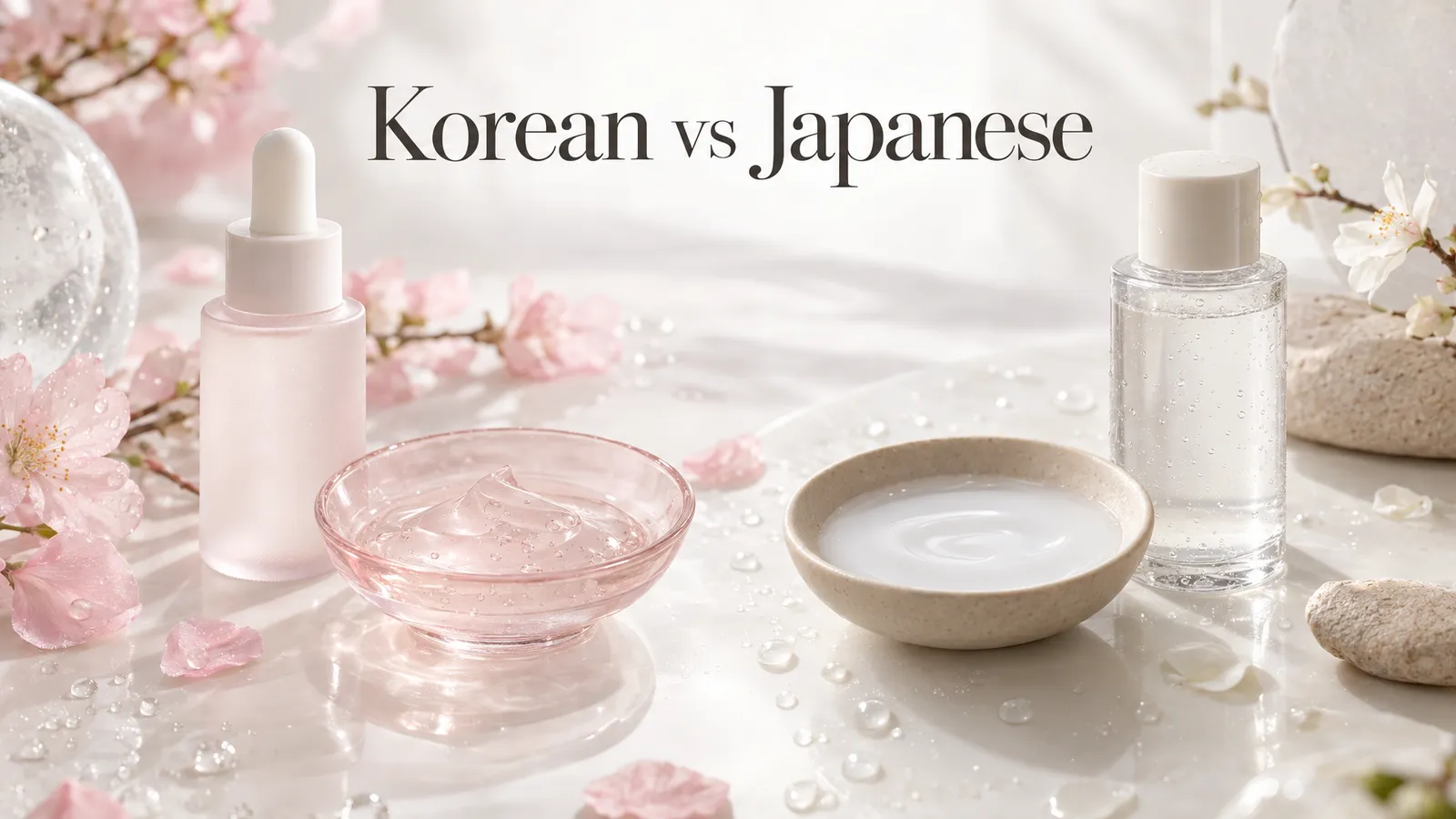 一张标题为“Korean vs Japanese”的海报,将柔和色调的护肤瓶与盛有凝胶和乳液的小碟并列呈现。