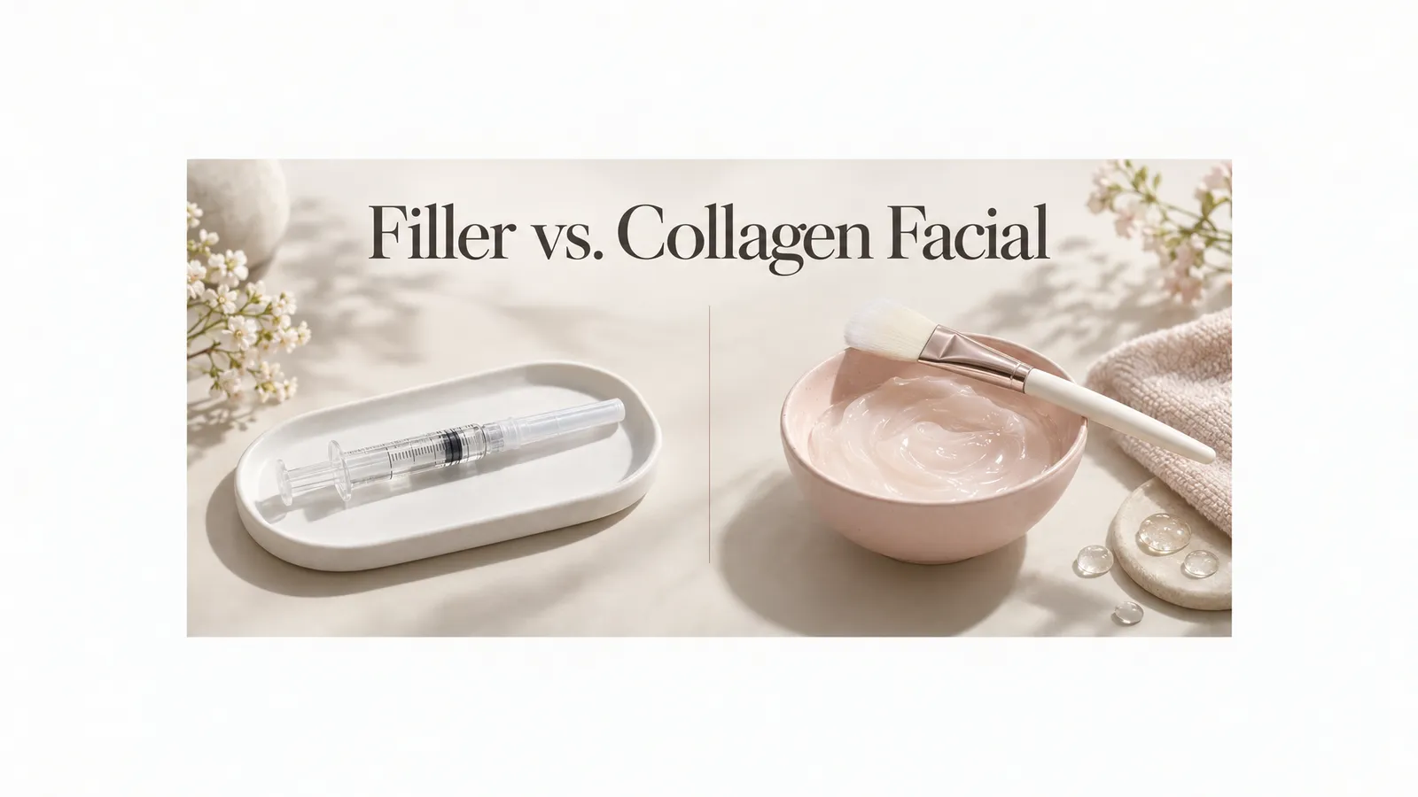 一张护肤海报在“Filler vs. Collagen Facial”标题下并列展示带保护帽的医用注射器、一碗面霜和面膜刷。