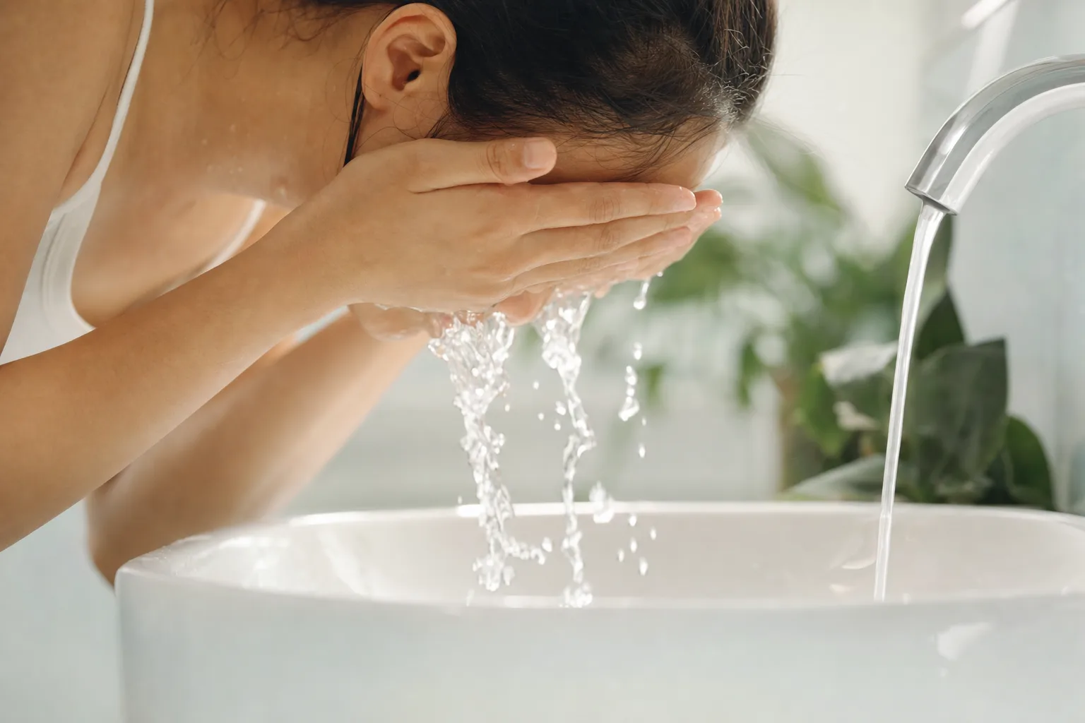 Close-up of a person rinsing their face over a white sink with cupped hands, soft morning light
