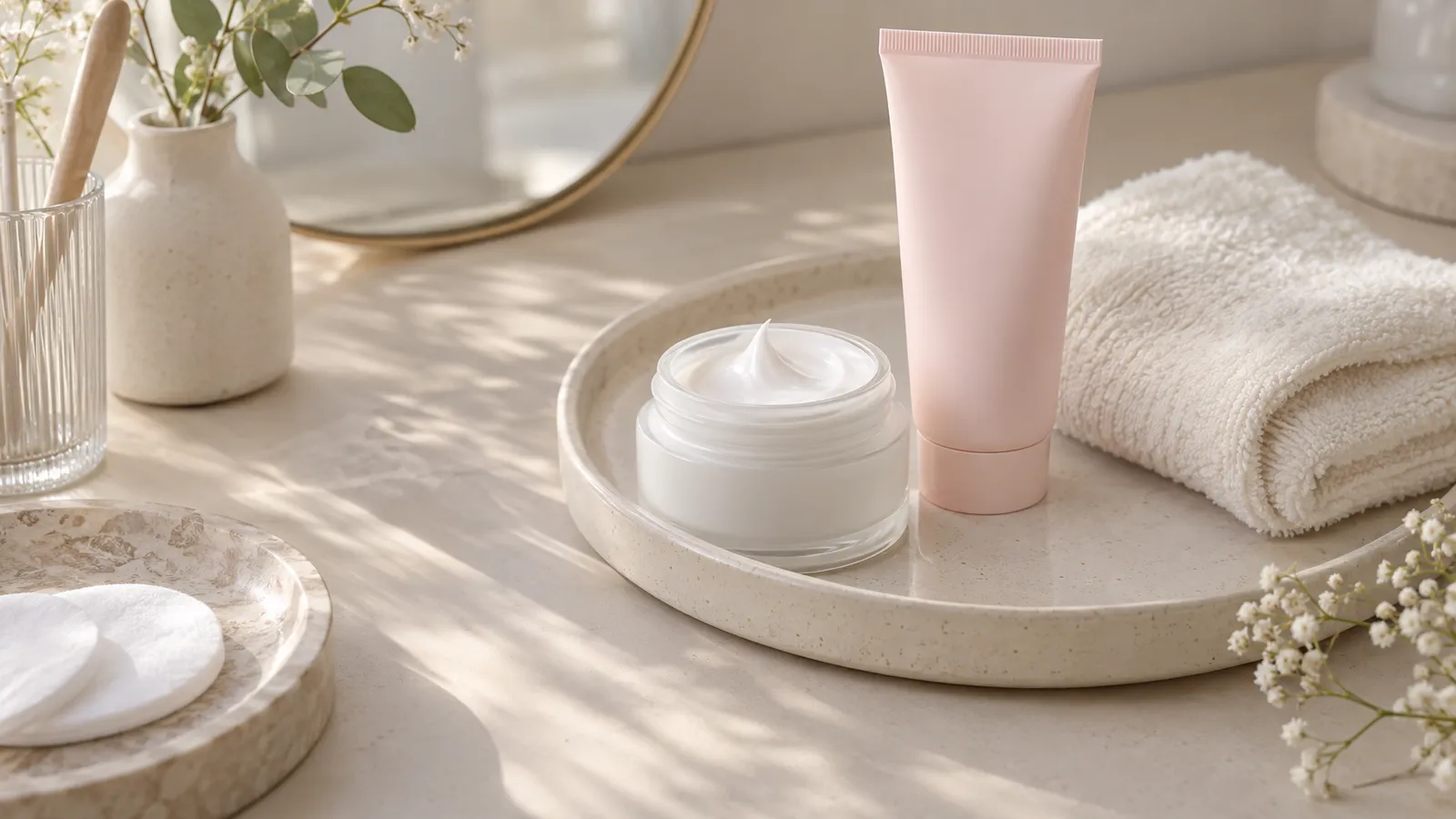 A moisturizer jar, plain sunscreen tube, and folded towel on a soft beige vanity.