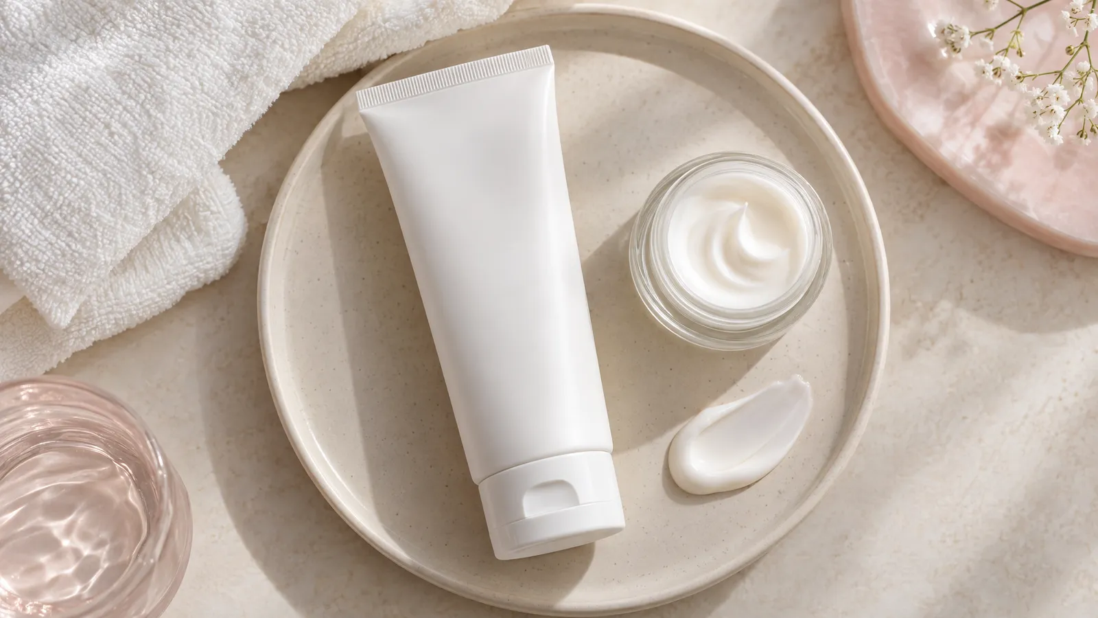 Sunscreen and moisturizer on a pale ceramic tray beside a folded white towel.