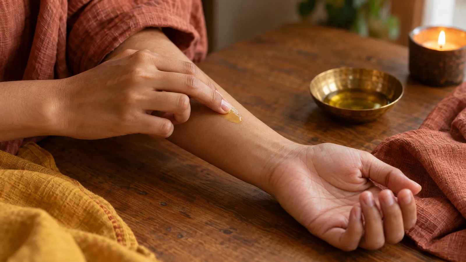 A person gently spreads a drop of oil on their own forearm beside a brass dish and terracotta linen.