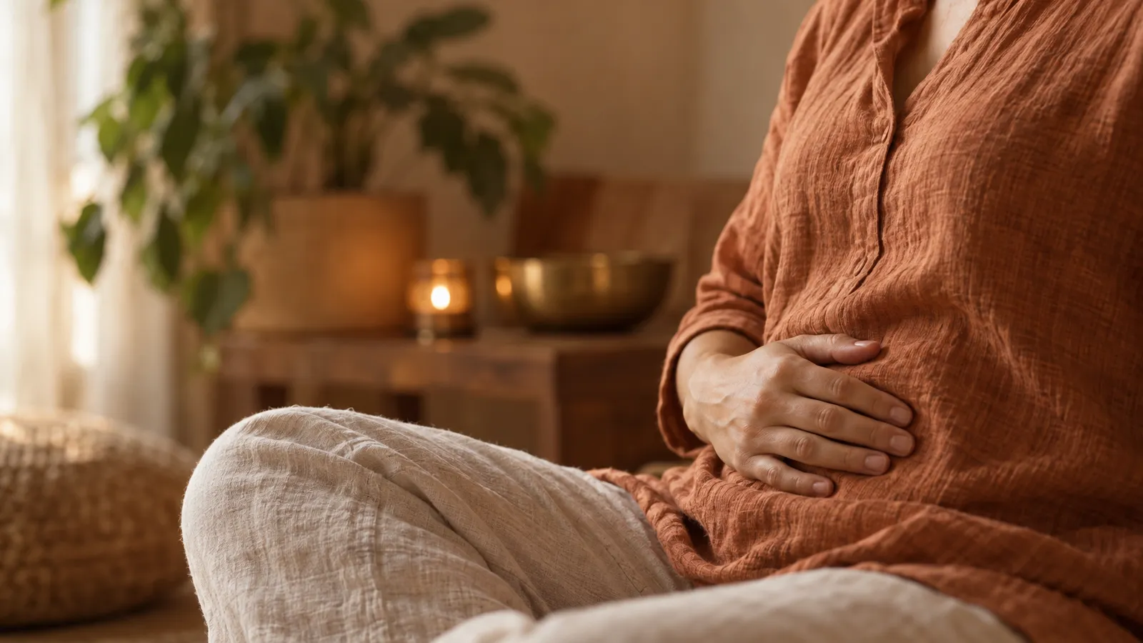 A seated person rests one hand on their abdomen while practicing quiet breathing in warm window light.