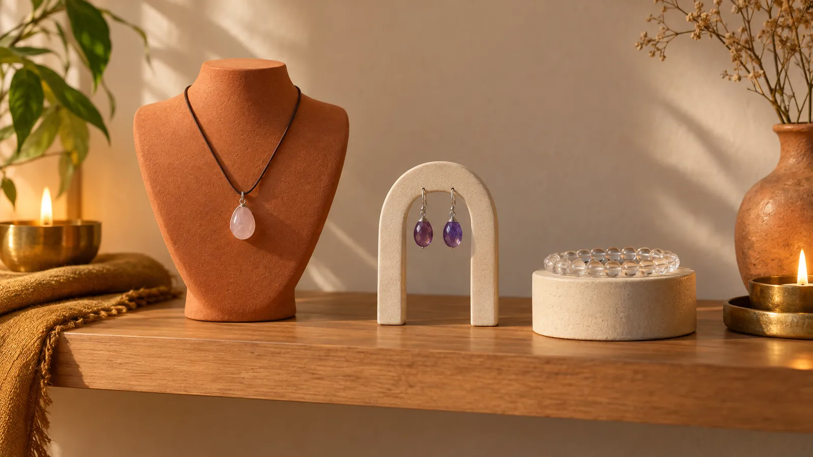 A crystal pendant, earrings and bracelet displayed on simple terracotta and ceramic stands.