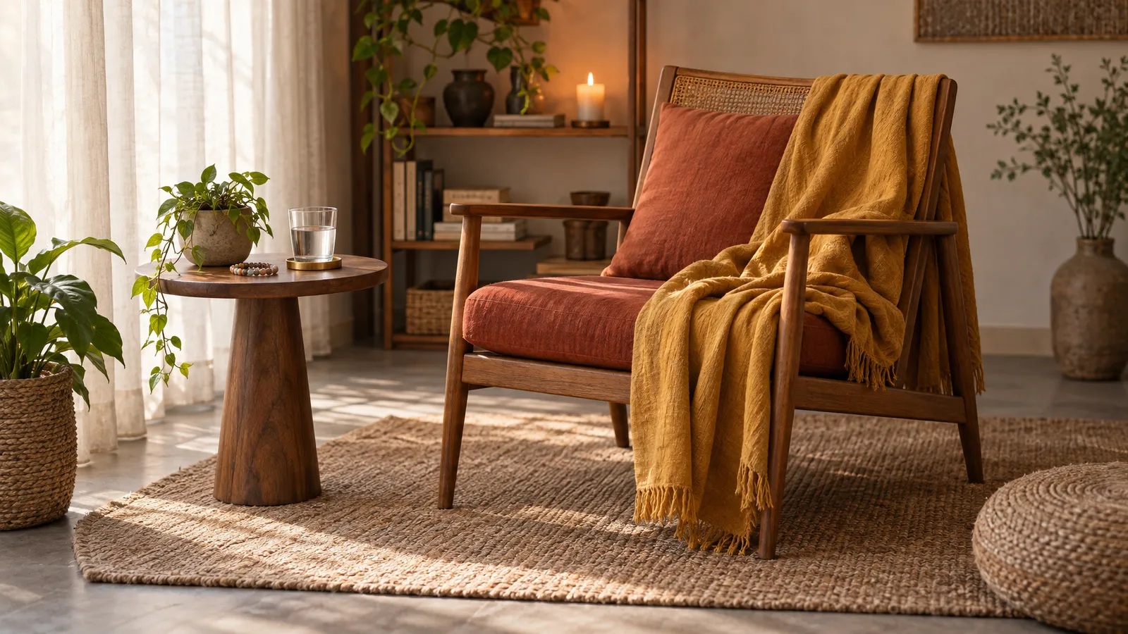 A sunlit lounge chair sits beside a small table with a glass of water and a finished crystal bracelet.